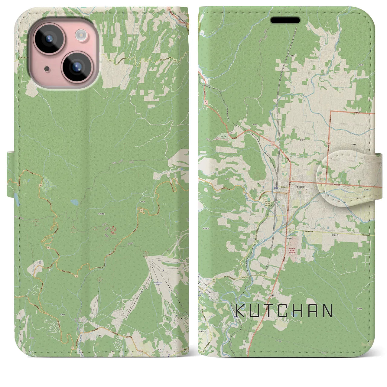 【倶知安(北海道)】地図柄iPhoneケース(手帳タイプ)ナチュラル・iPhone 15 Plus 用