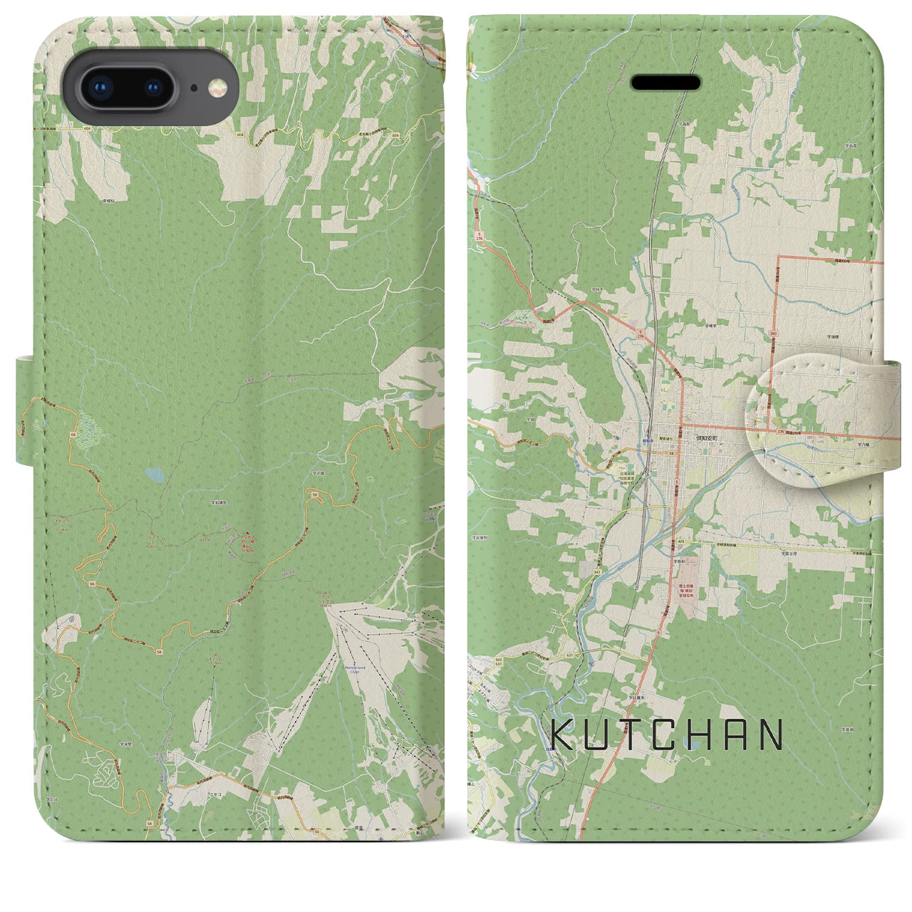 【倶知安(北海道)】地図柄iPhoneケース(手帳タイプ)ナチュラル・iPhone 8Plus /7Plus / 6sPlus / 6Plus 用