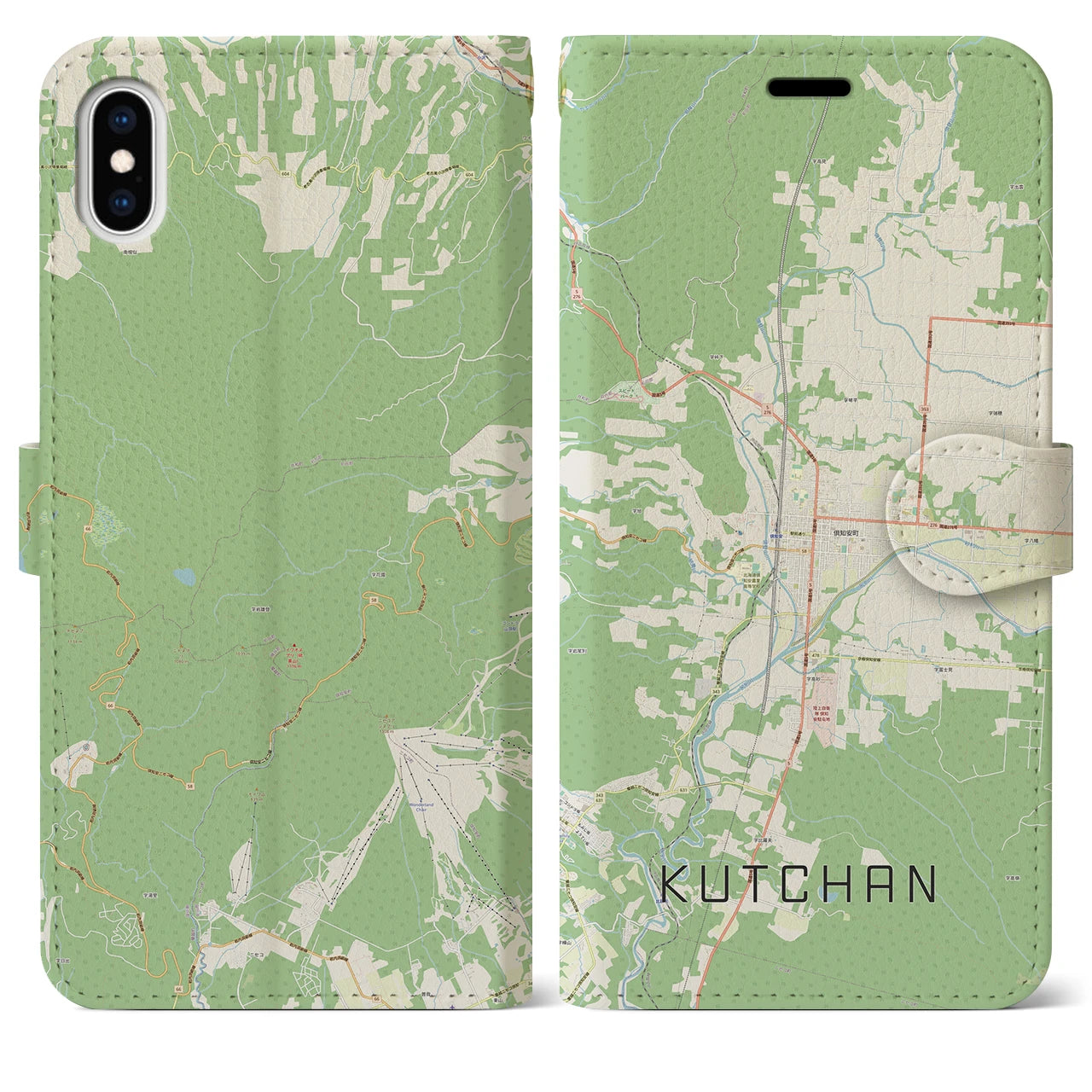 【倶知安(北海道)】地図柄iPhoneケース(手帳タイプ)ナチュラル・iPhone XS Max 用