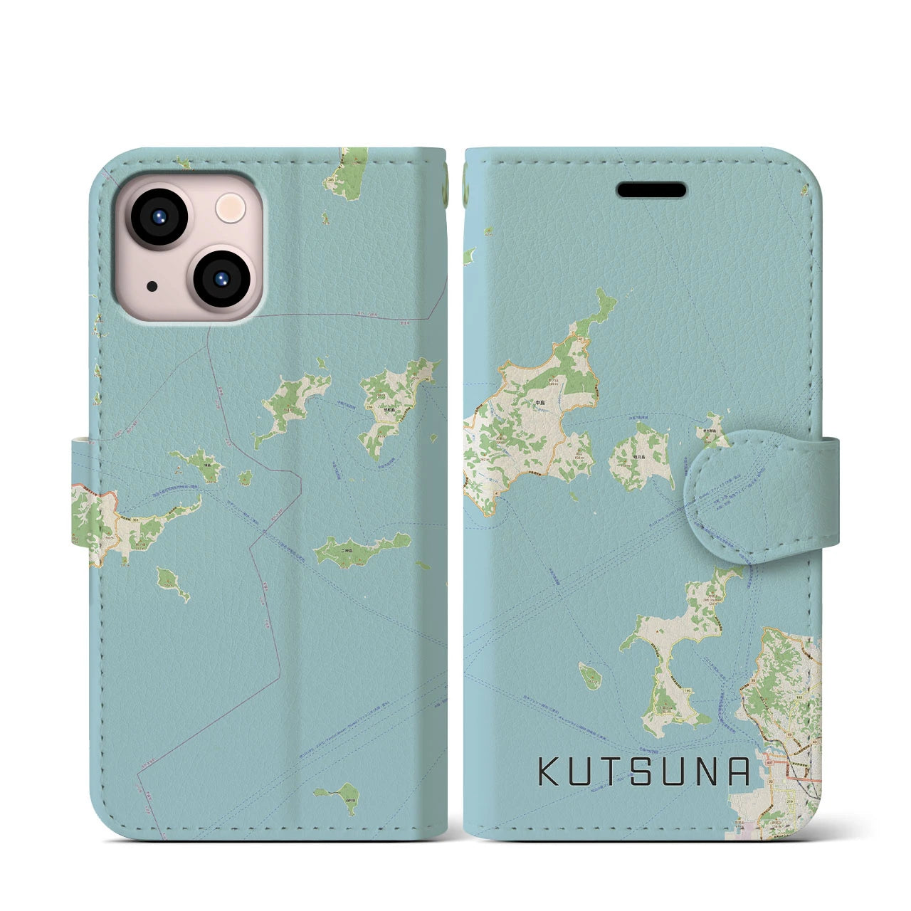 【忽那(愛媛県)】地図柄iPhoneケース(手帳タイプ)ナチュラル・iPhone 13 mini 用