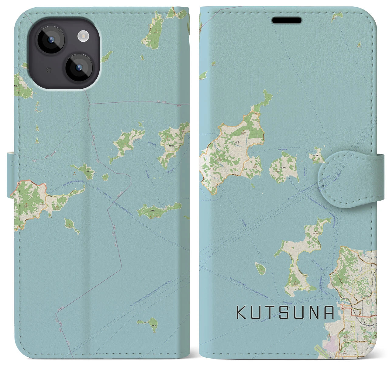 【忽那(愛媛県)】地図柄iPhoneケース(手帳タイプ)ナチュラル・iPhone 14 Plus 用