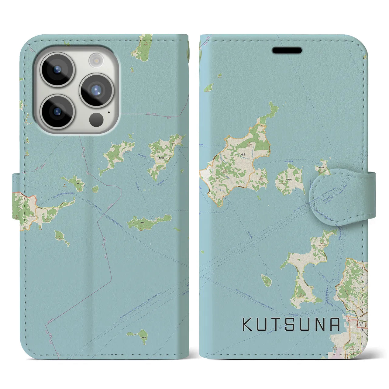 【忽那(愛媛県)】地図柄iPhoneケース(手帳タイプ)ナチュラル・iPhone 15 Pro 用