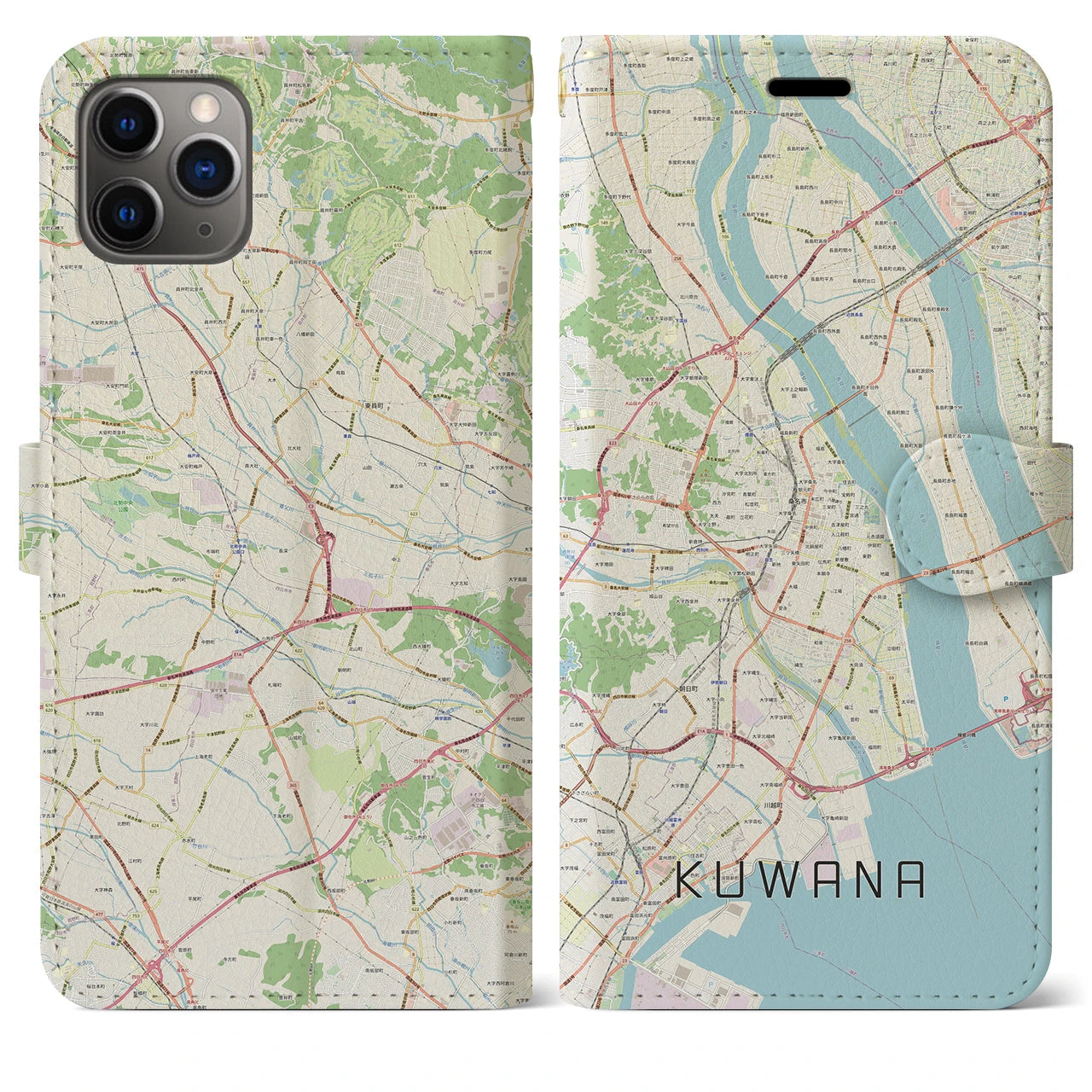 【桑名(三重県)】地図柄iPhoneケース(手帳タイプ)ナチュラル・iPhone 11 Pro Max 用