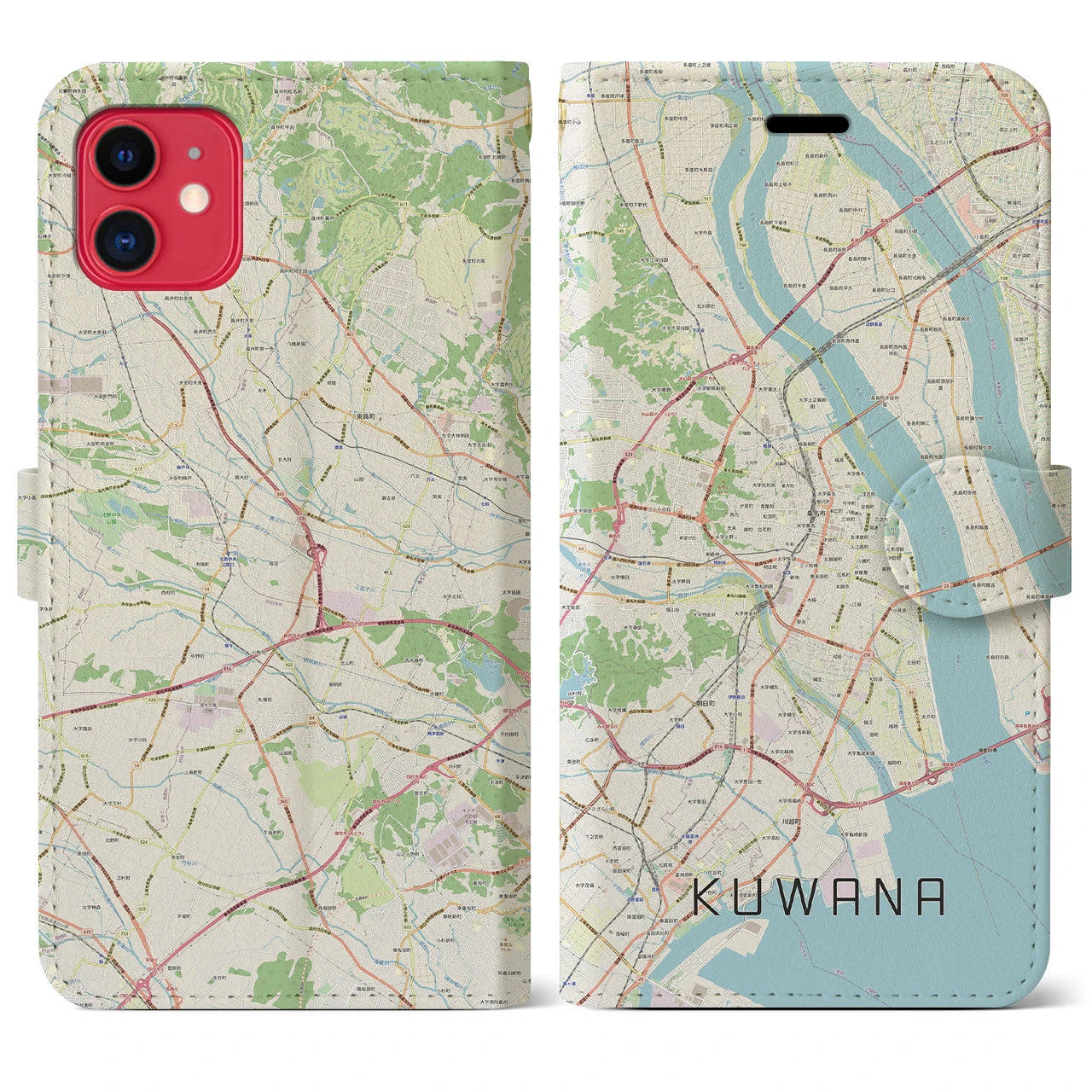【桑名(三重県)】地図柄iPhoneケース(手帳タイプ)ナチュラル・iPhone 11 用