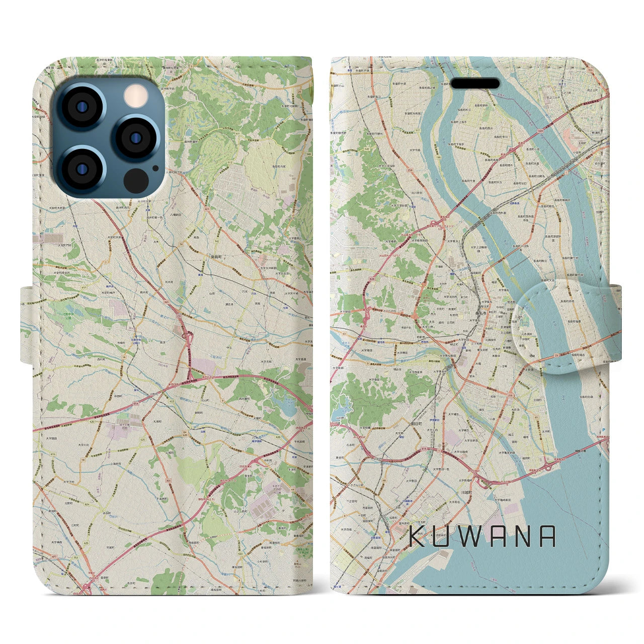 【桑名(三重県)】地図柄iPhoneケース(手帳タイプ)ナチュラル・iPhone 12 / 12 Pro 用