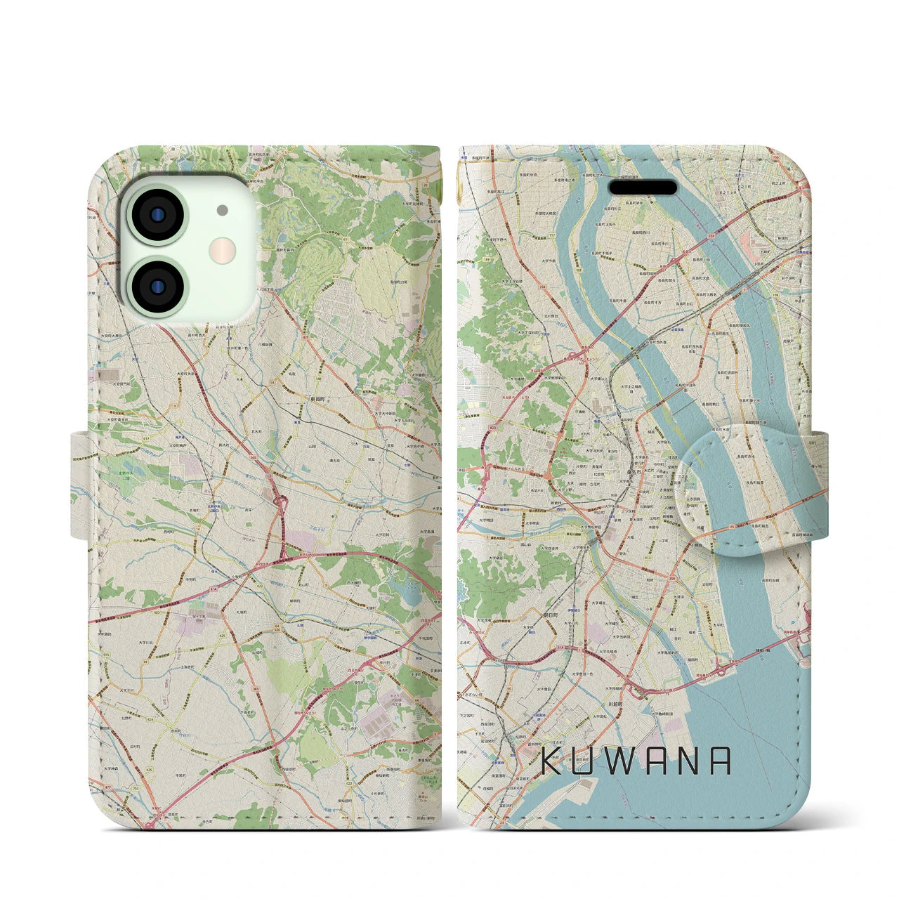 【桑名(三重県)】地図柄iPhoneケース(手帳タイプ)ナチュラル・iPhone 12 mini 用
