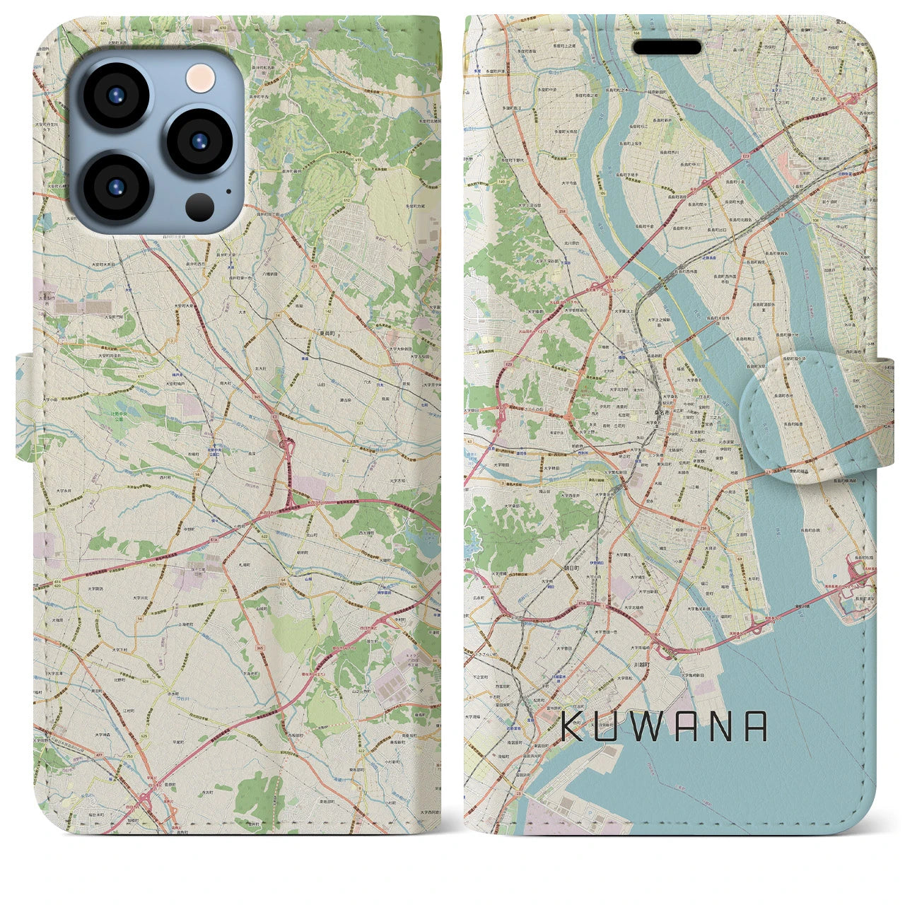 【桑名(三重県)】地図柄iPhoneケース(手帳タイプ)ナチュラル・iPhone 13 Pro Max 用