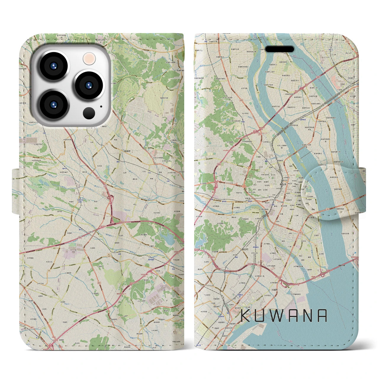 【桑名(三重県)】地図柄iPhoneケース(手帳タイプ)ナチュラル・iPhone 13 Pro 用