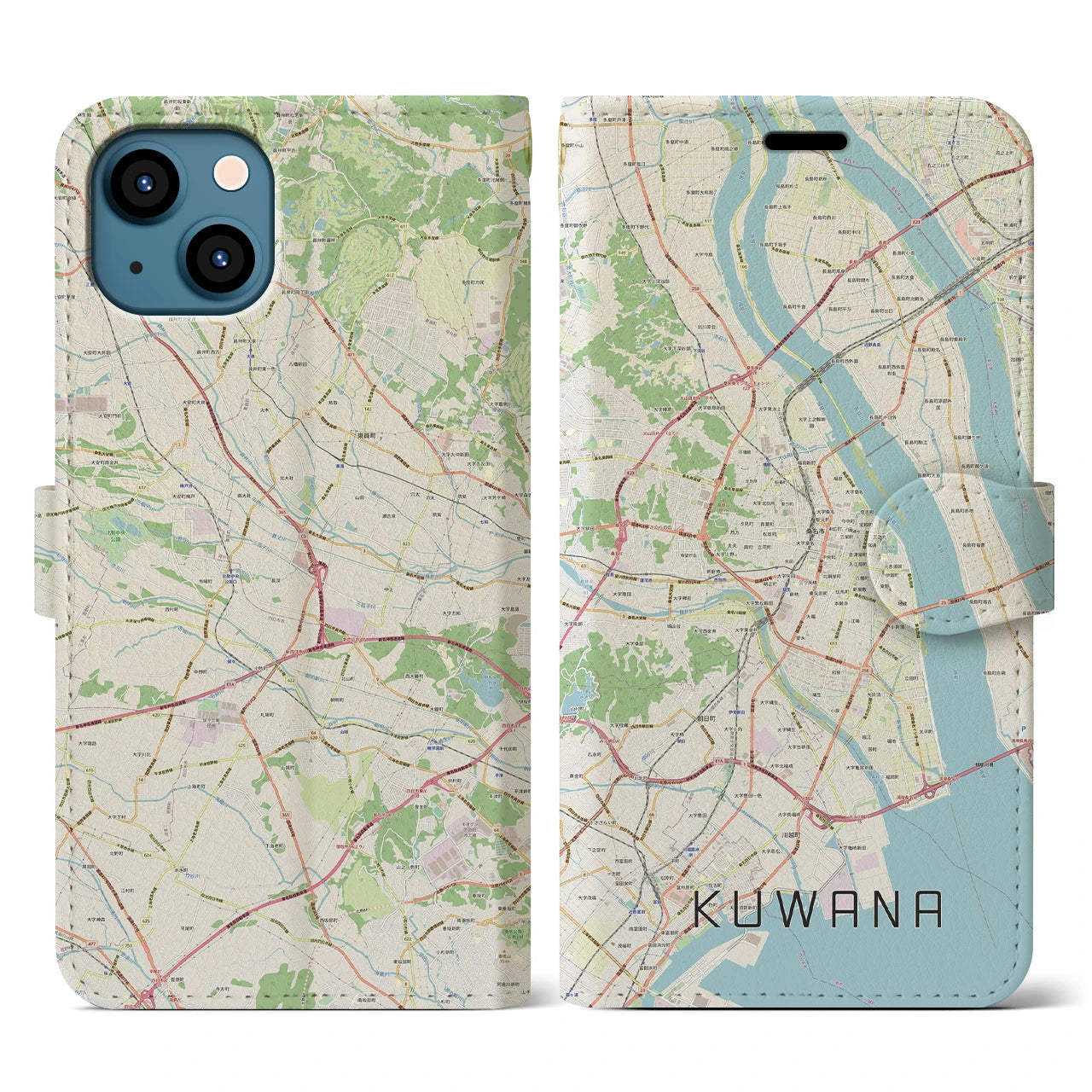 【桑名(三重県)】地図柄iPhoneケース(手帳タイプ)ナチュラル・iPhone 13 用