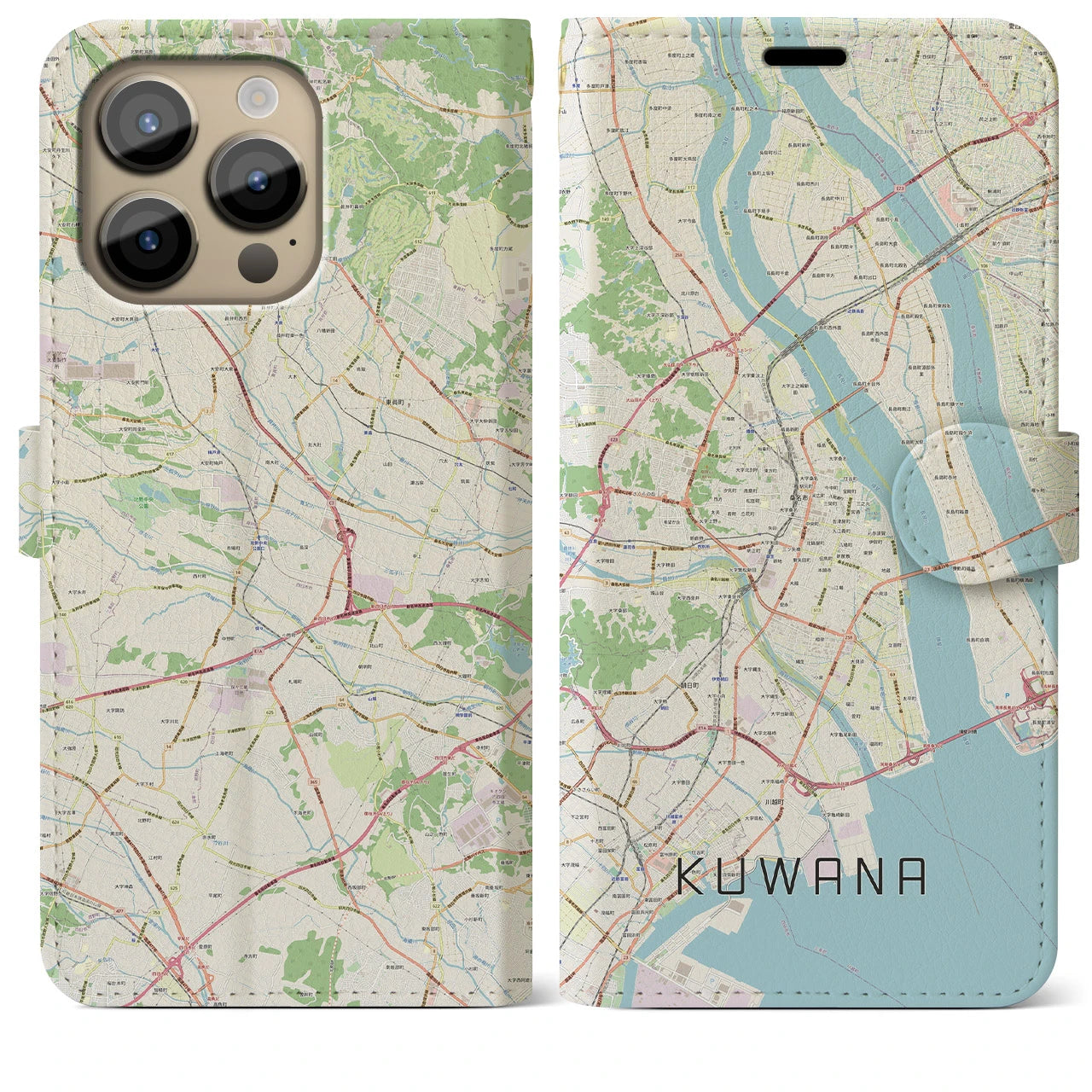【桑名(三重県)】地図柄iPhoneケース(手帳タイプ)ナチュラル・iPhone 14 Pro Max 用