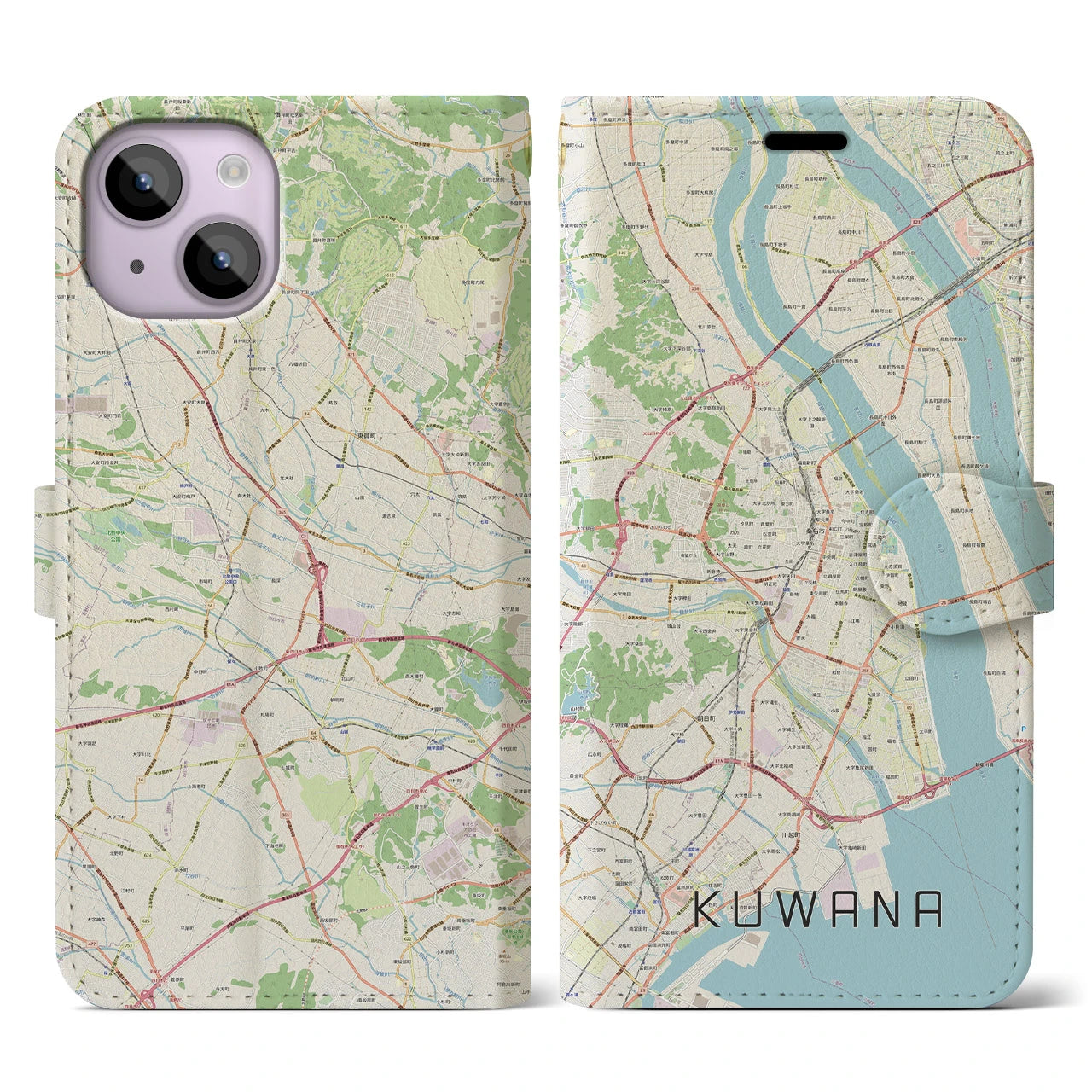 【桑名(三重県)】地図柄iPhoneケース(手帳タイプ)ナチュラル・iPhone 14 用