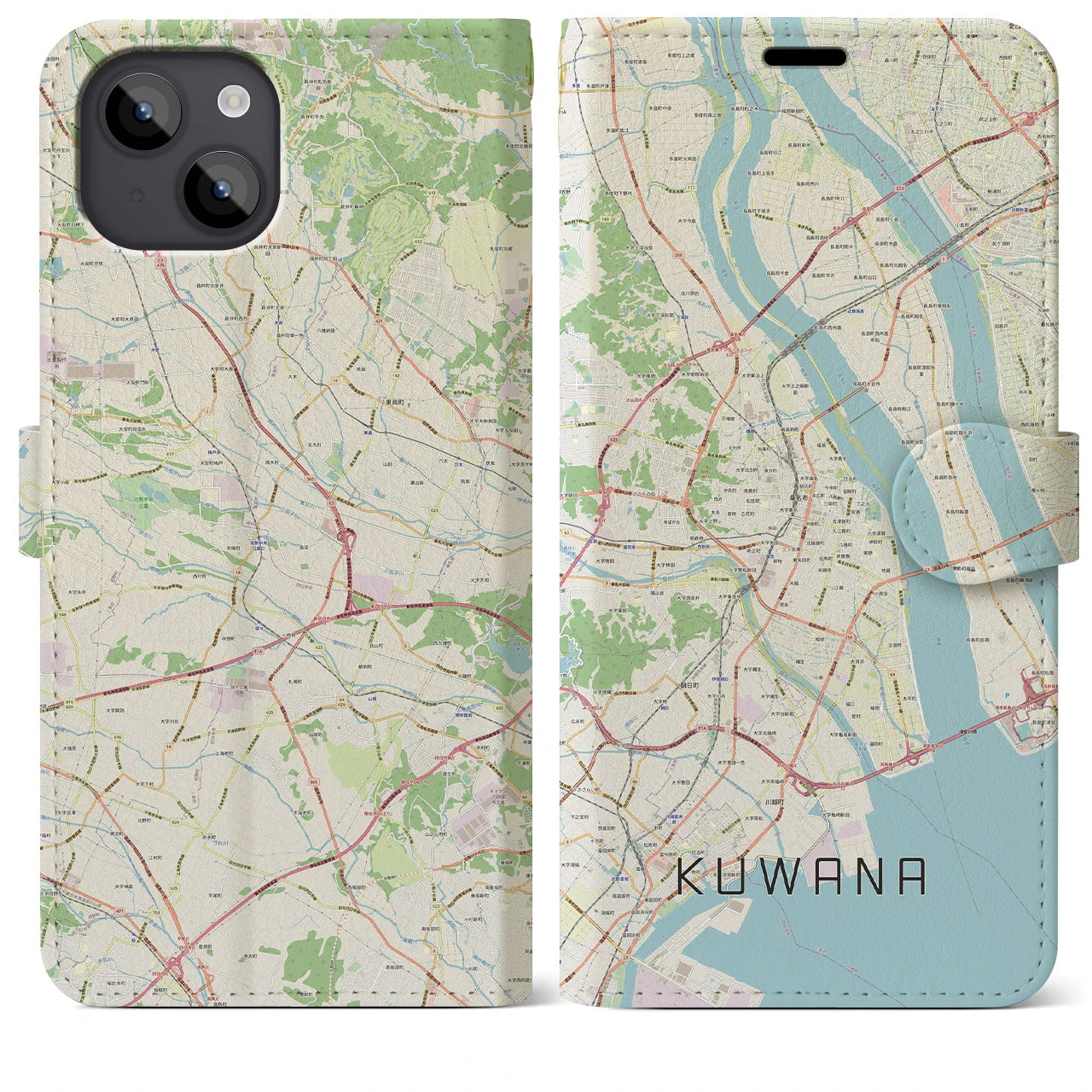 【桑名(三重県)】地図柄iPhoneケース(手帳タイプ)ナチュラル・iPhone 14 Plus 用