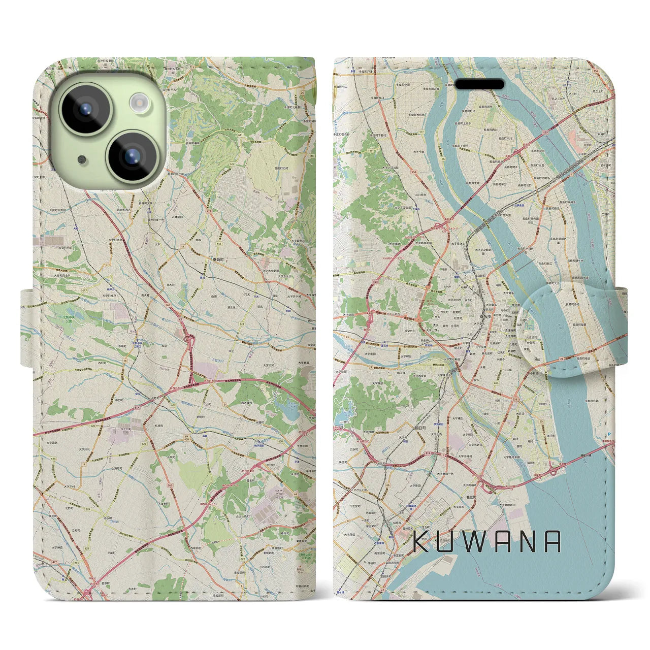 【桑名(三重県)】地図柄iPhoneケース(手帳タイプ)ナチュラル・iPhone 15 用