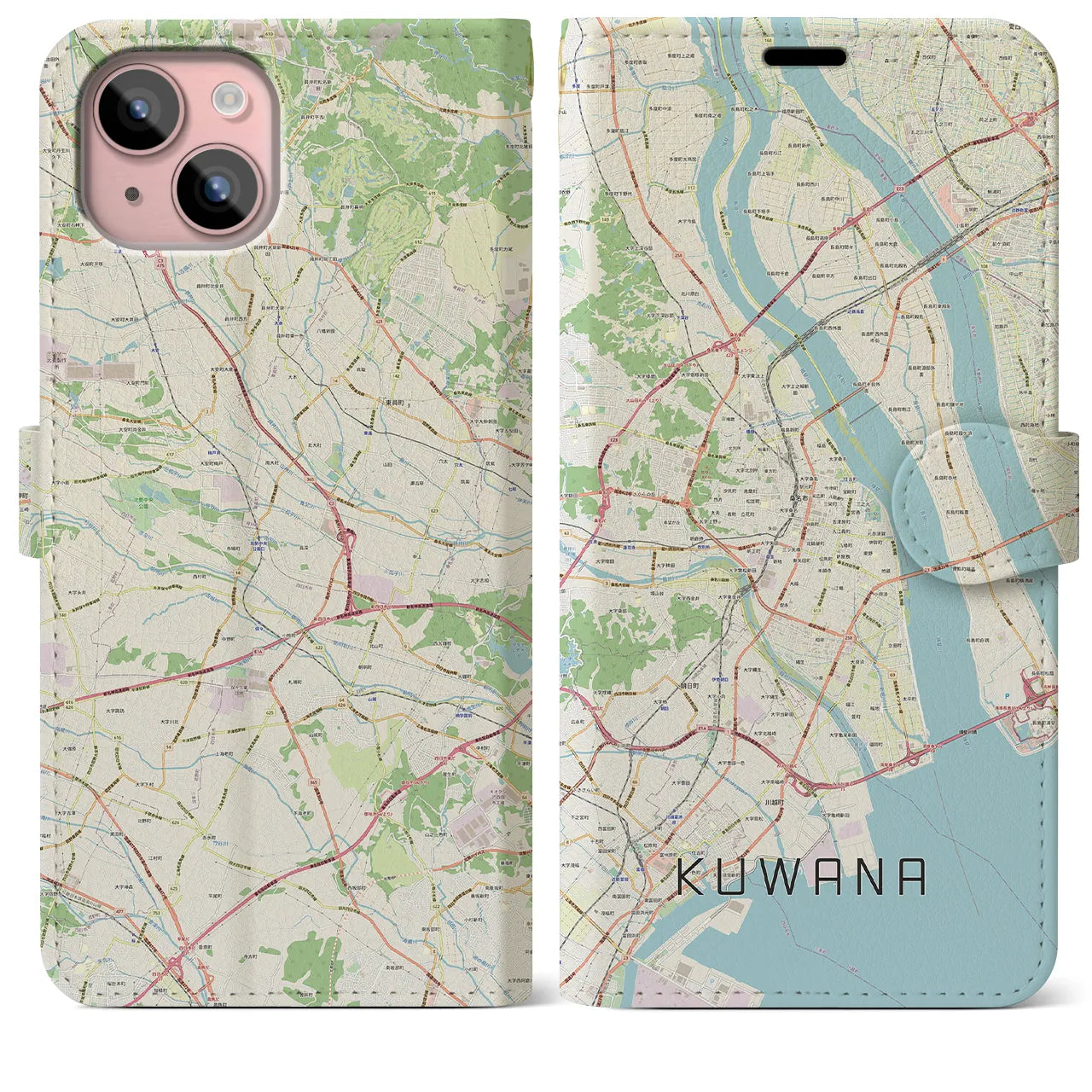 【桑名(三重県)】地図柄iPhoneケース(手帳タイプ)ナチュラル・iPhone 15 Plus 用