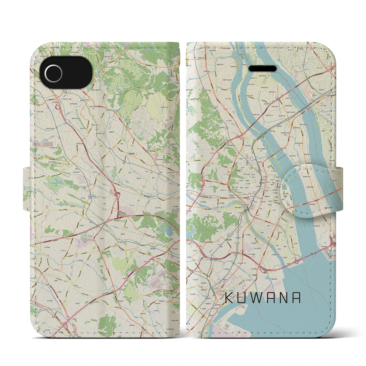 【桑名(三重県)】地図柄iPhoneケース(手帳タイプ)ナチュラル・iPhone SE(第3 / 第2世代) / 8 / 7 / 6s / 6 用