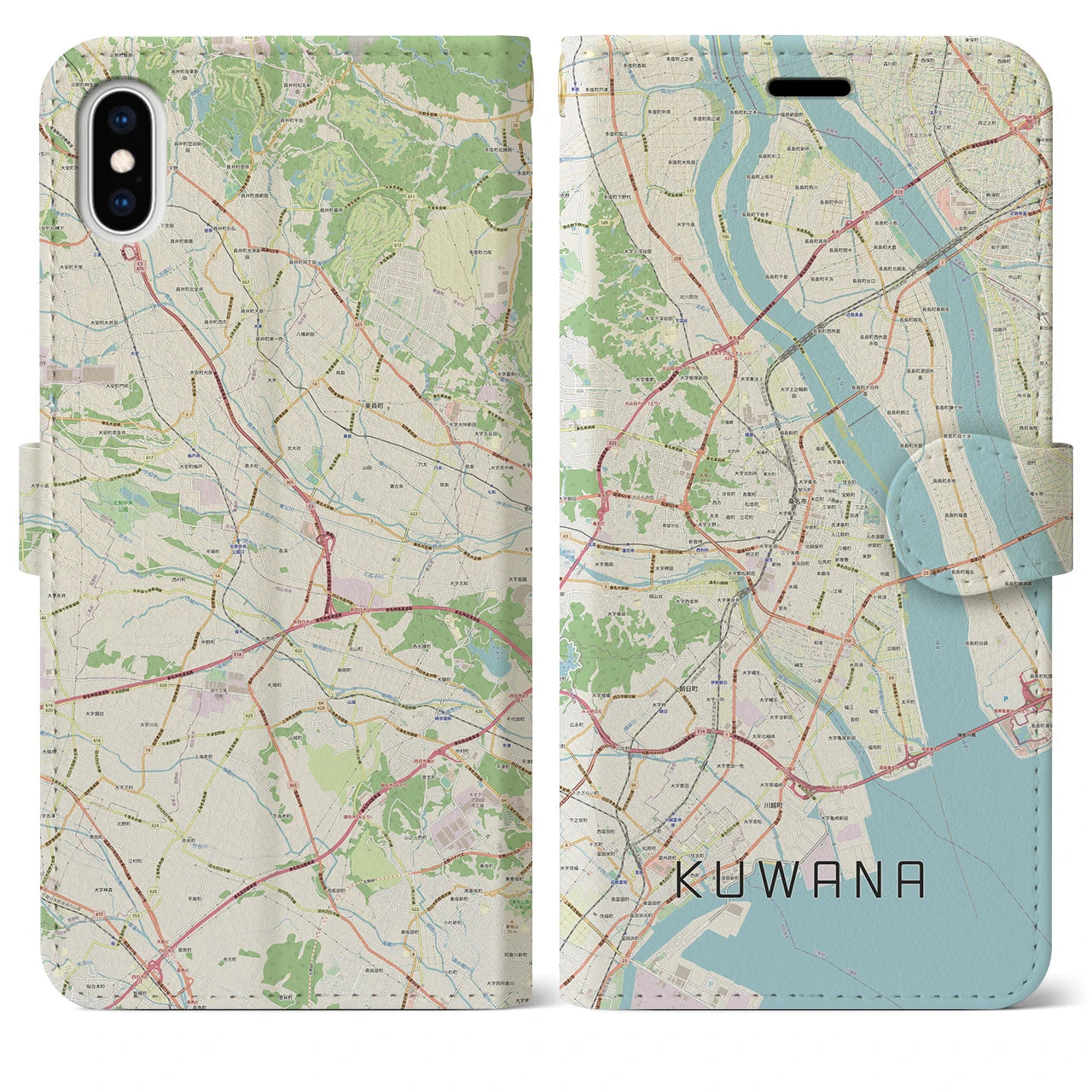 【桑名(三重県)】地図柄iPhoneケース(手帳タイプ)ナチュラル・iPhone XS Max 用
