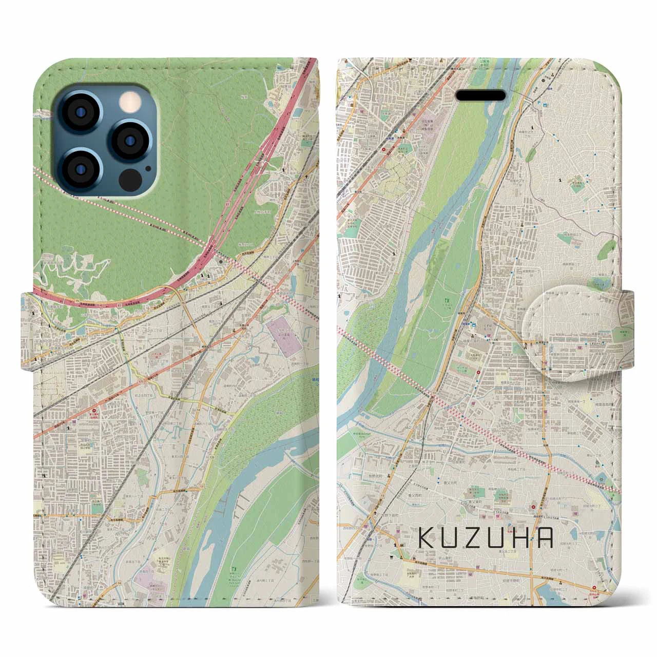 【樟葉(大阪府)】地図柄iPhoneケース(手帳タイプ)ナチュラル・iPhone 12 / 12 Pro 用
