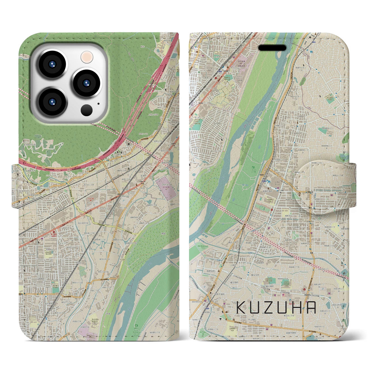 【樟葉(大阪府)】地図柄iPhoneケース(手帳タイプ)ナチュラル・iPhone 13 Pro 用