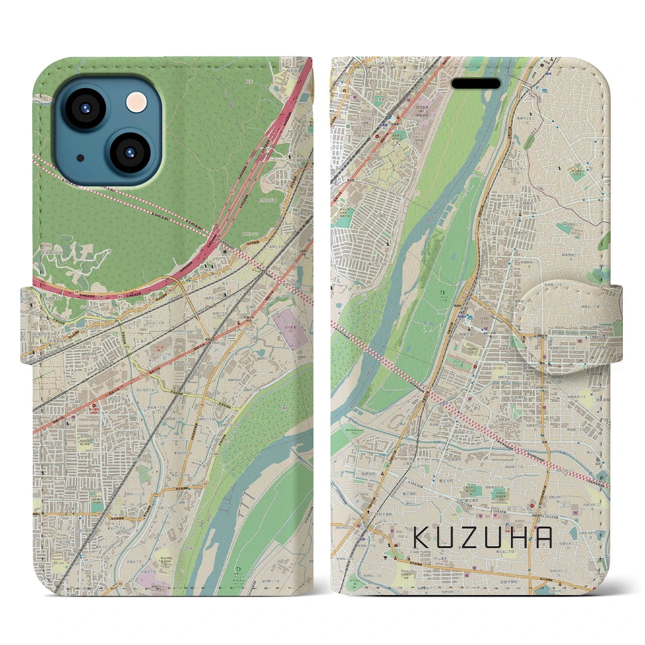 【樟葉(大阪府)】地図柄iPhoneケース(手帳タイプ)ナチュラル・iPhone 13 用