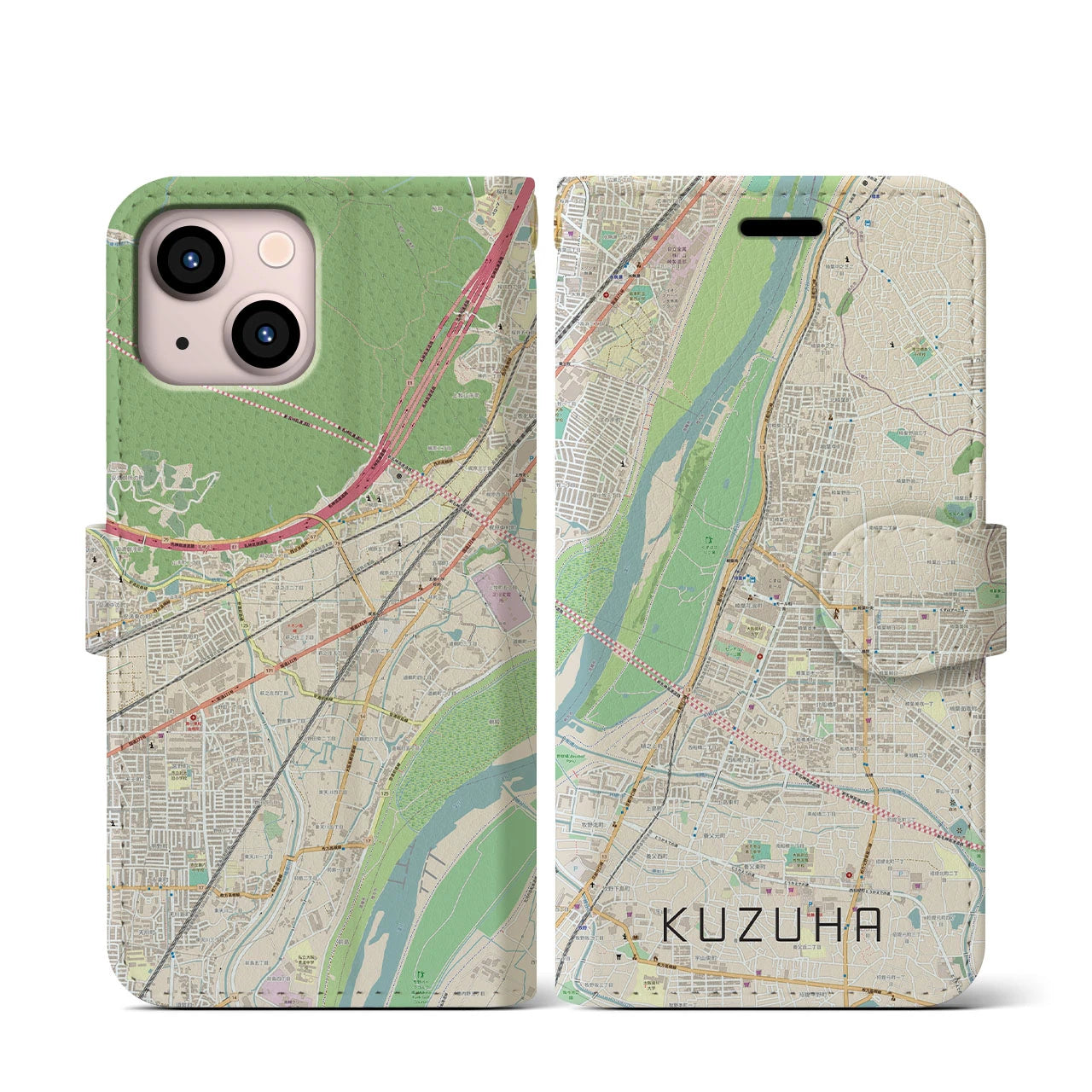 【樟葉(大阪府)】地図柄iPhoneケース(手帳タイプ)ナチュラル・iPhone 13 mini 用