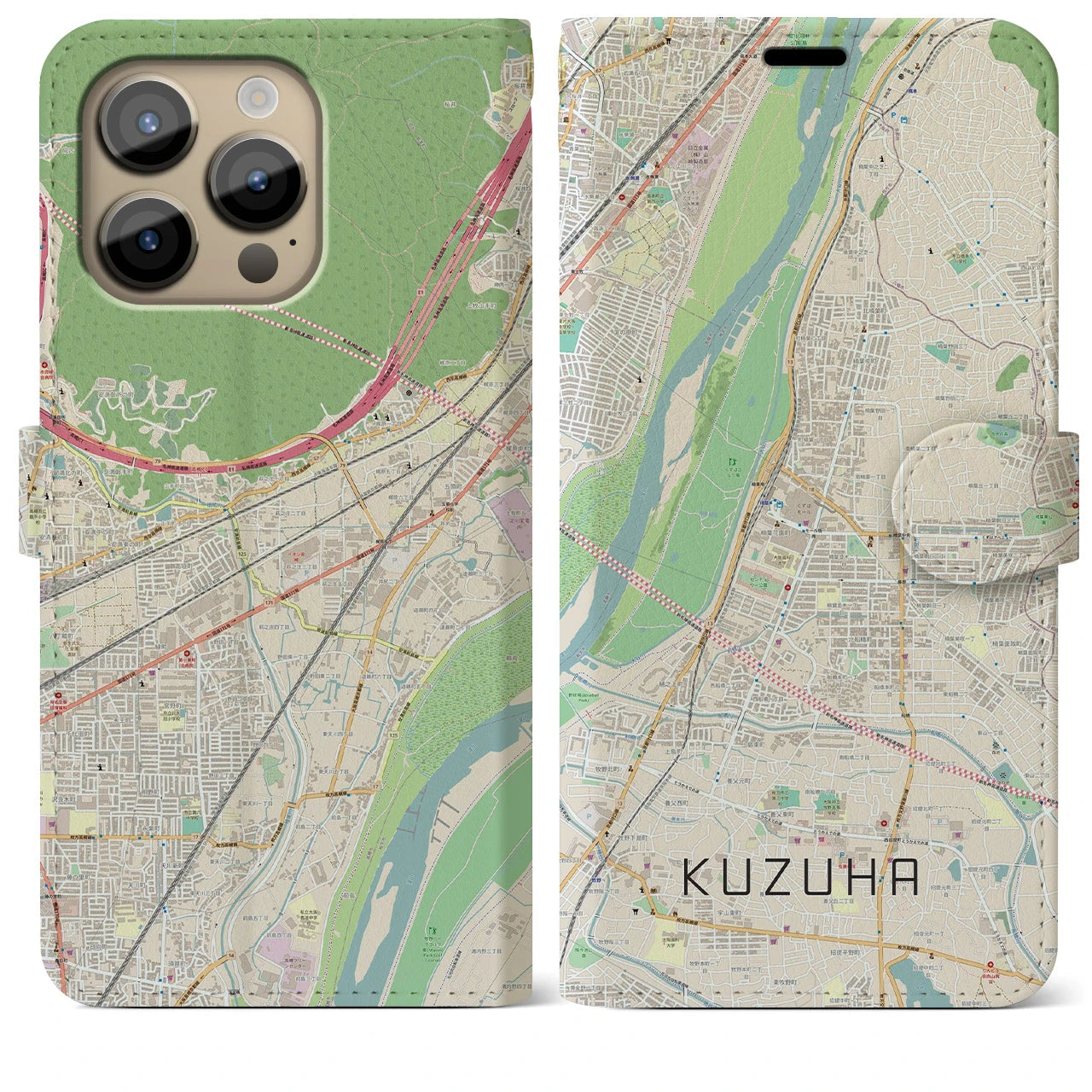 【樟葉(大阪府)】地図柄iPhoneケース(手帳タイプ)ナチュラル・iPhone 14 Pro Max 用