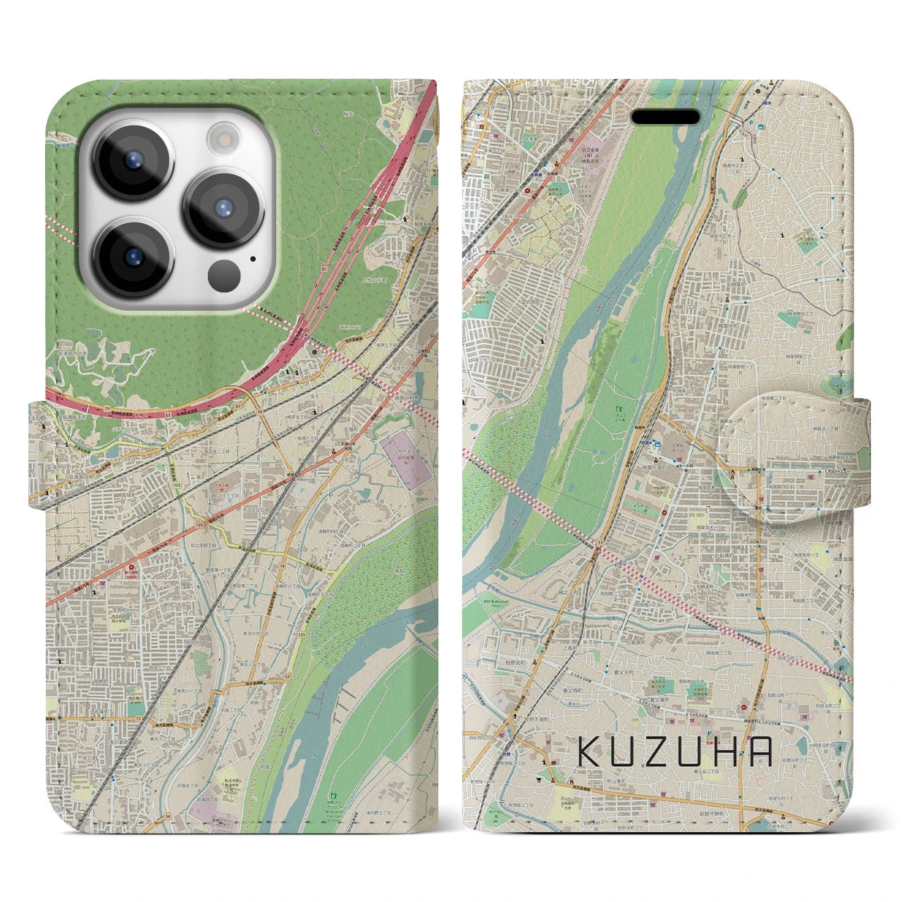 【樟葉(大阪府)】地図柄iPhoneケース(手帳タイプ)ナチュラル・iPhone 14 Pro 用