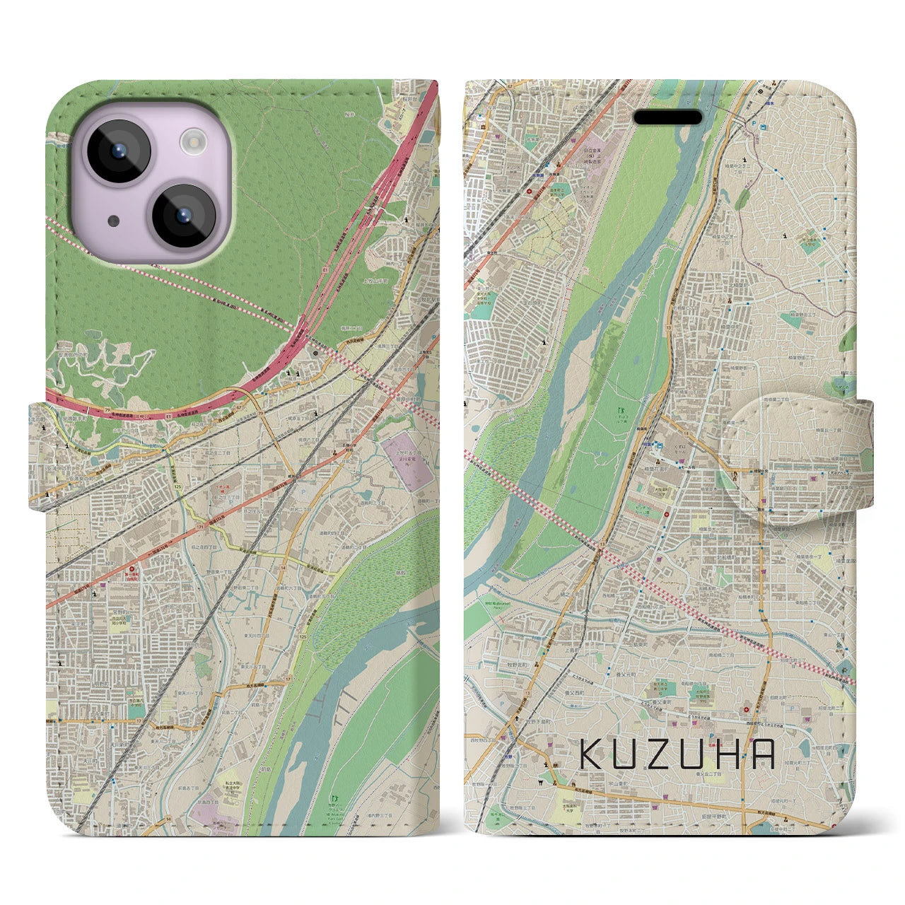 【樟葉(大阪府)】地図柄iPhoneケース(手帳タイプ)ナチュラル・iPhone 14 用