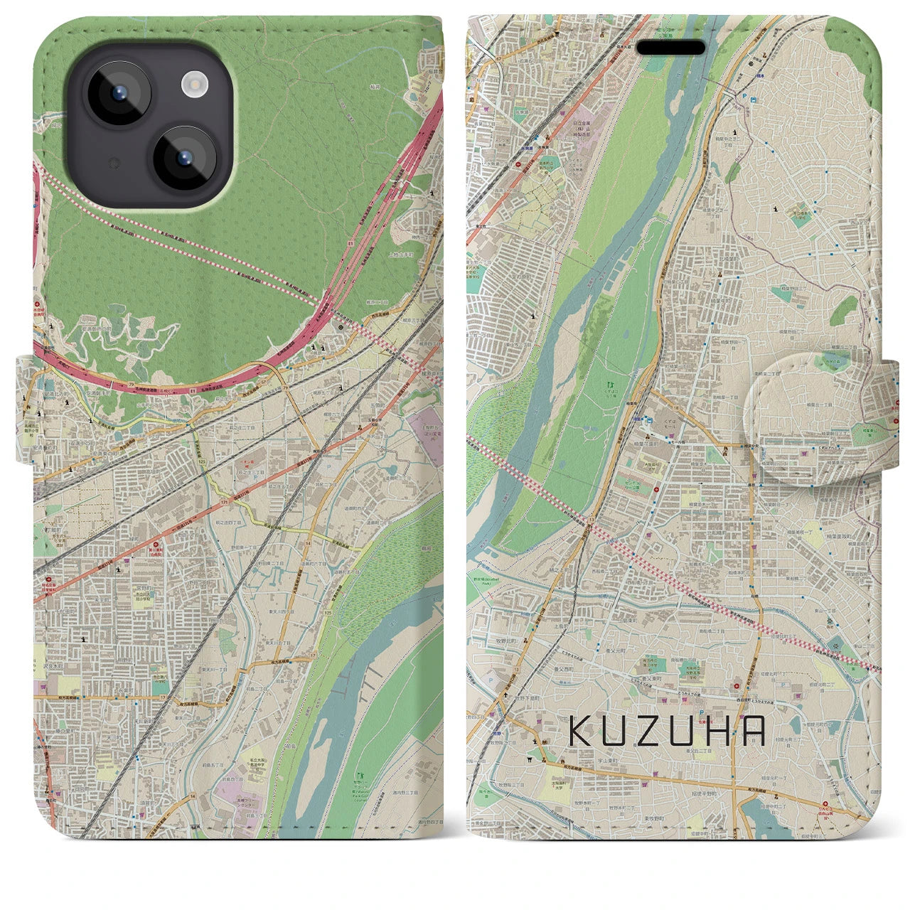 【樟葉(大阪府)】地図柄iPhoneケース(手帳タイプ)ナチュラル・iPhone 14 Plus 用