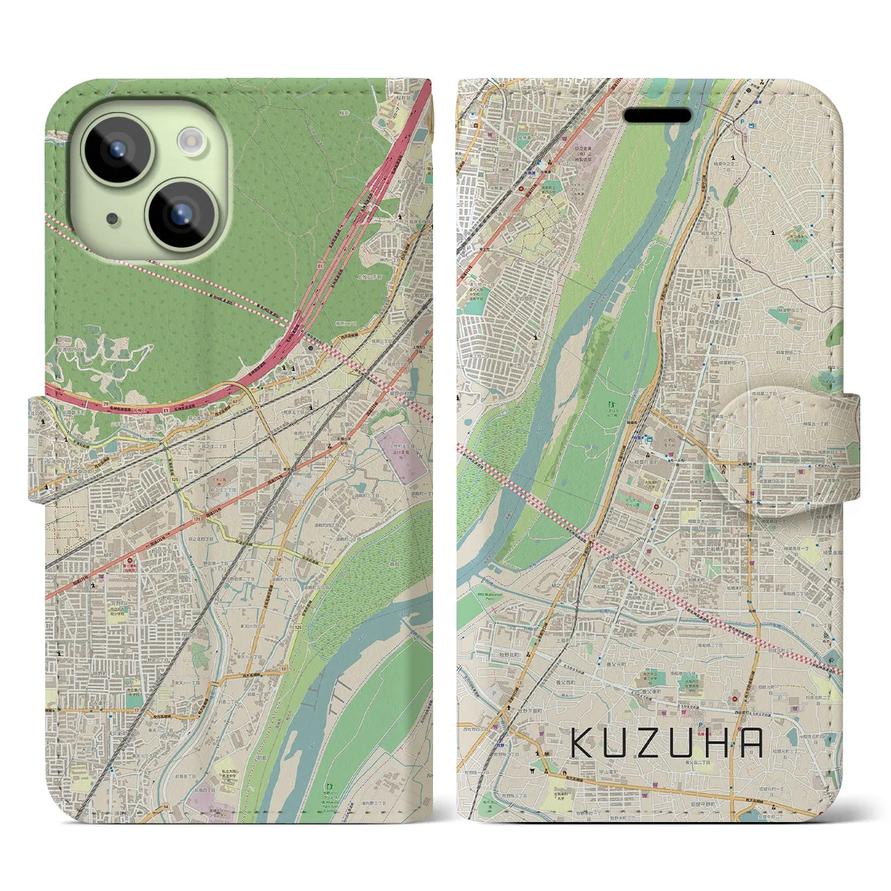 【樟葉(大阪府)】地図柄iPhoneケース(手帳タイプ)ナチュラル・iPhone 15 用