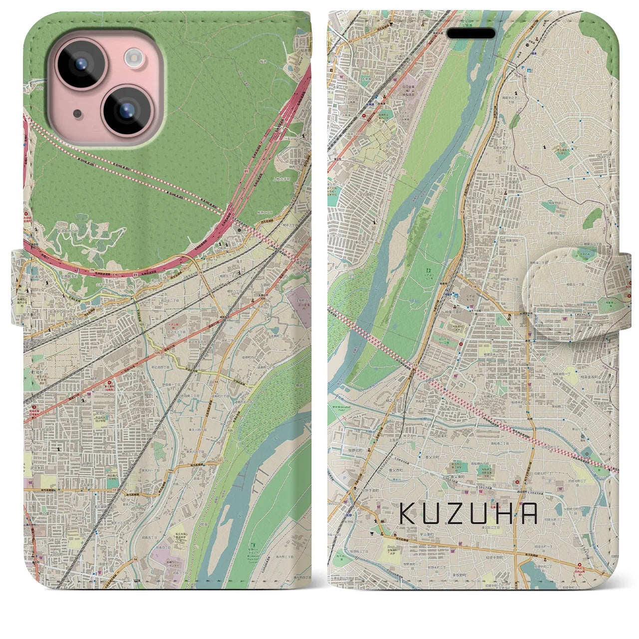 【樟葉(大阪府)】地図柄iPhoneケース(手帳タイプ)ナチュラル・iPhone 15 Plus 用