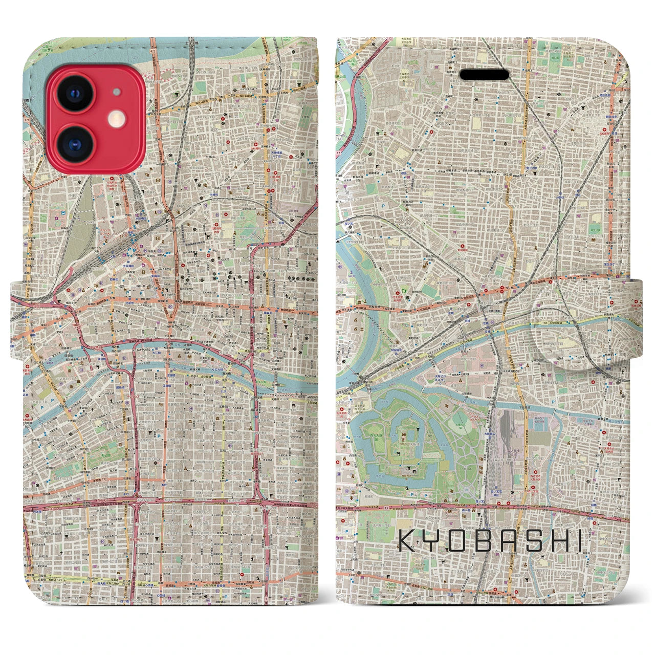 【京橋(大阪府)】地図柄iPhoneケース(手帳タイプ)ナチュラル・iPhone 11 用
