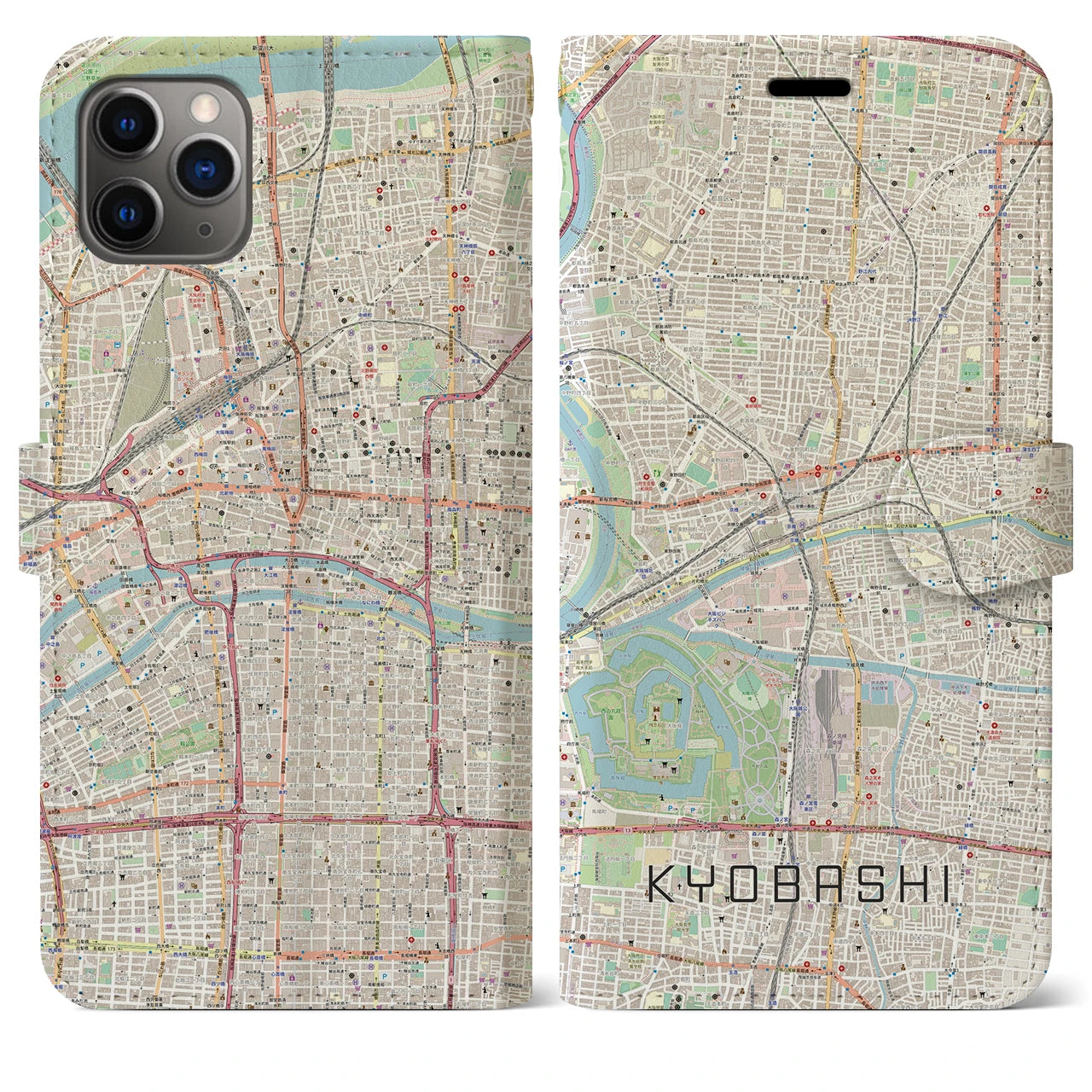 【京橋(大阪府)】地図柄iPhoneケース(手帳タイプ)ナチュラル・iPhone 11 Pro Max 用