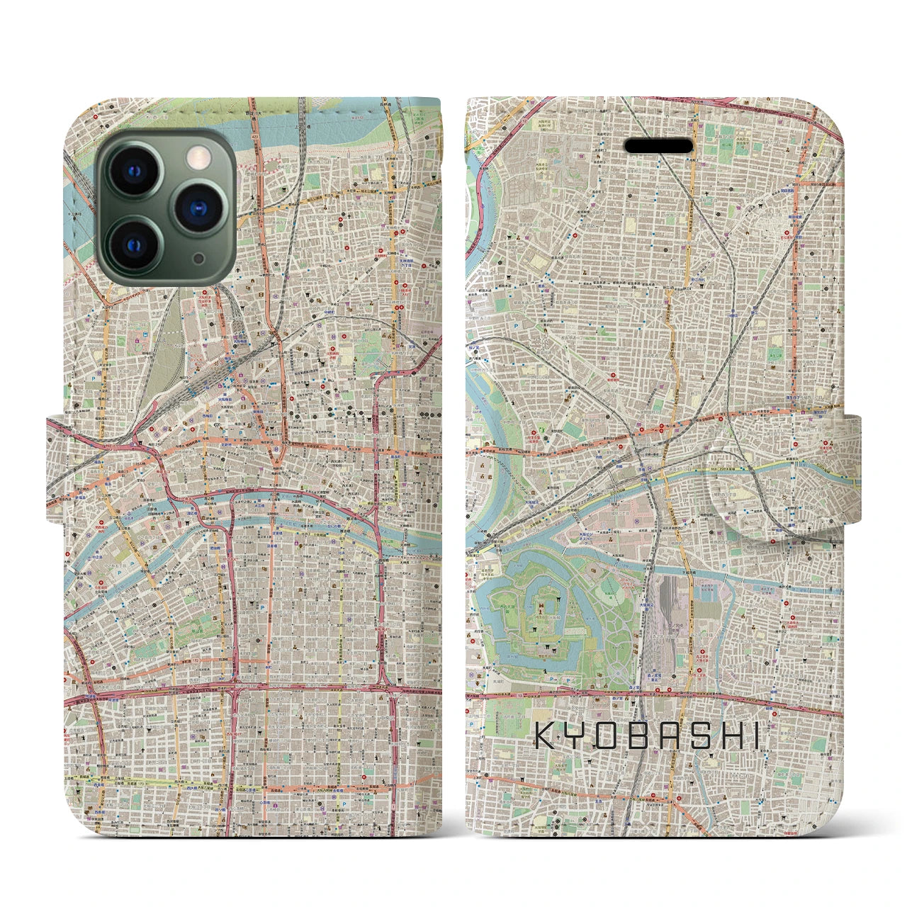 【京橋(大阪府)】地図柄iPhoneケース(手帳タイプ)ナチュラル・iPhone 11 Pro 用