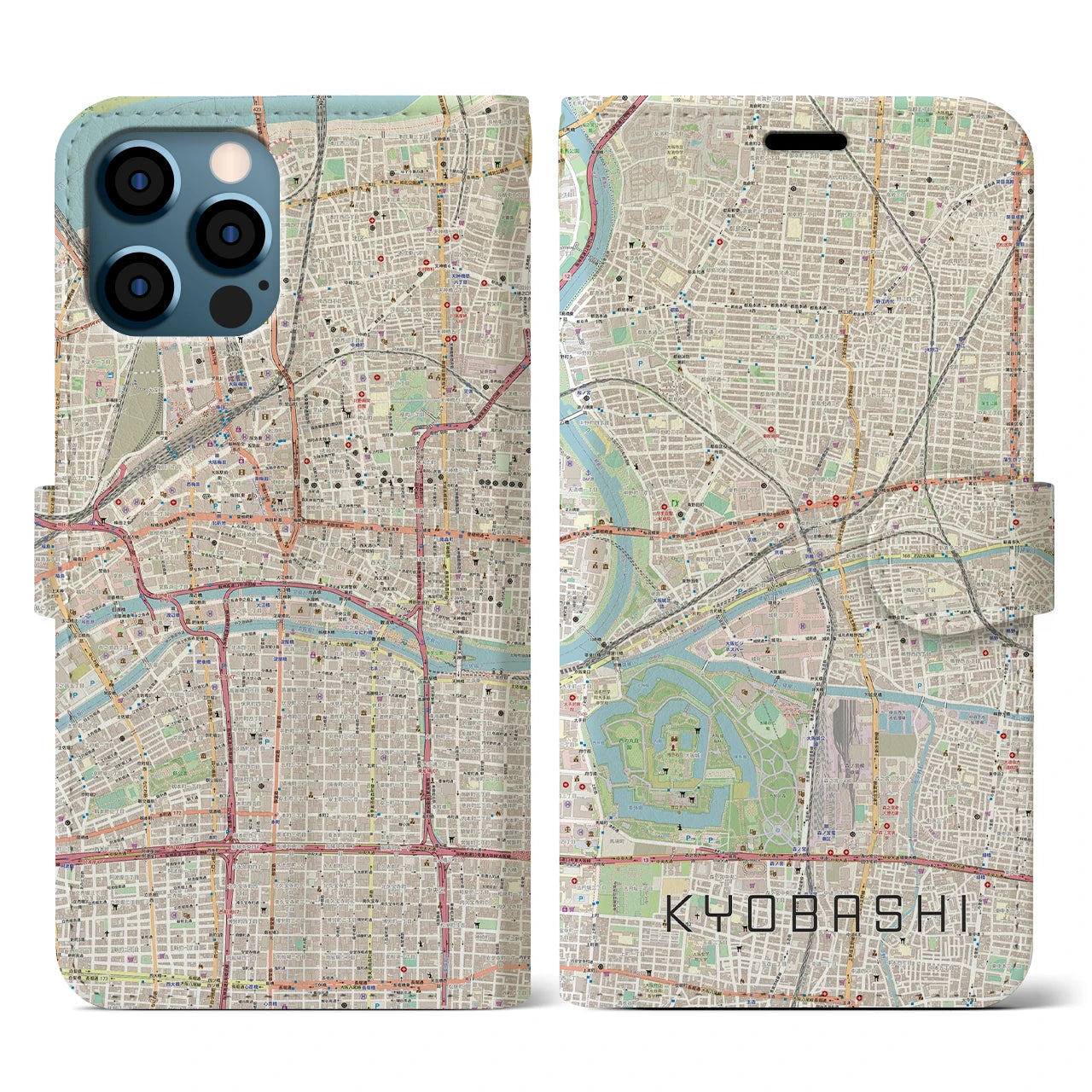 【京橋(大阪府)】地図柄iPhoneケース(手帳タイプ)ナチュラル・iPhone 12 / 12 Pro 用