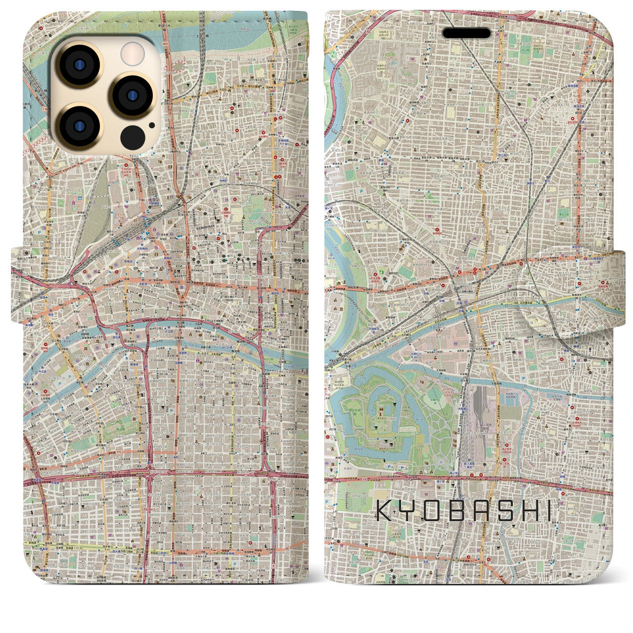【京橋(大阪府)】地図柄iPhoneケース(手帳タイプ)ナチュラル・iPhone 12 Pro Max 用