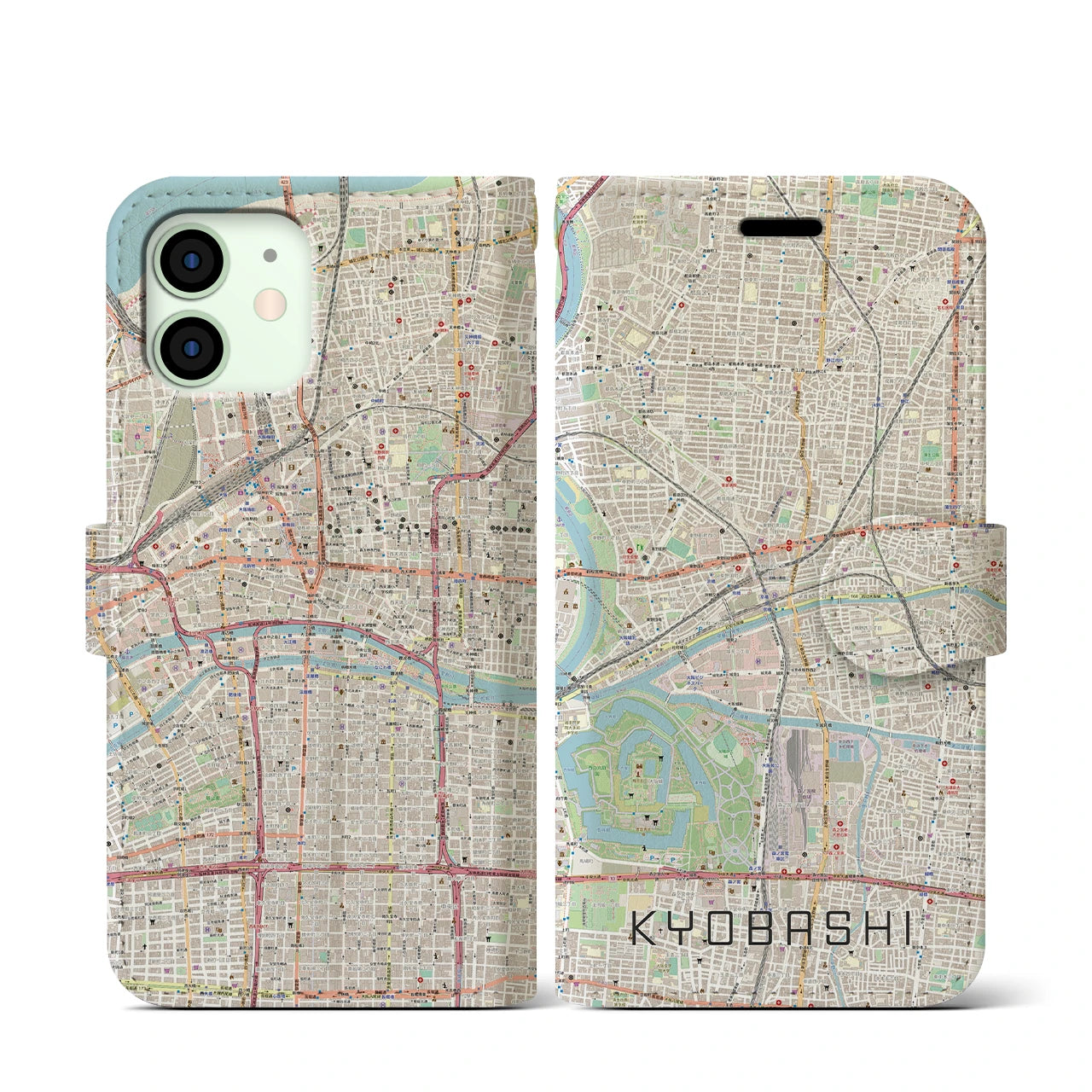 【京橋(大阪府)】地図柄iPhoneケース(手帳タイプ)ナチュラル・iPhone 12 mini 用