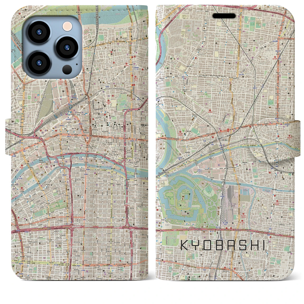 【京橋(大阪府)】地図柄iPhoneケース(手帳タイプ)ナチュラル・iPhone 13 Pro Max 用
