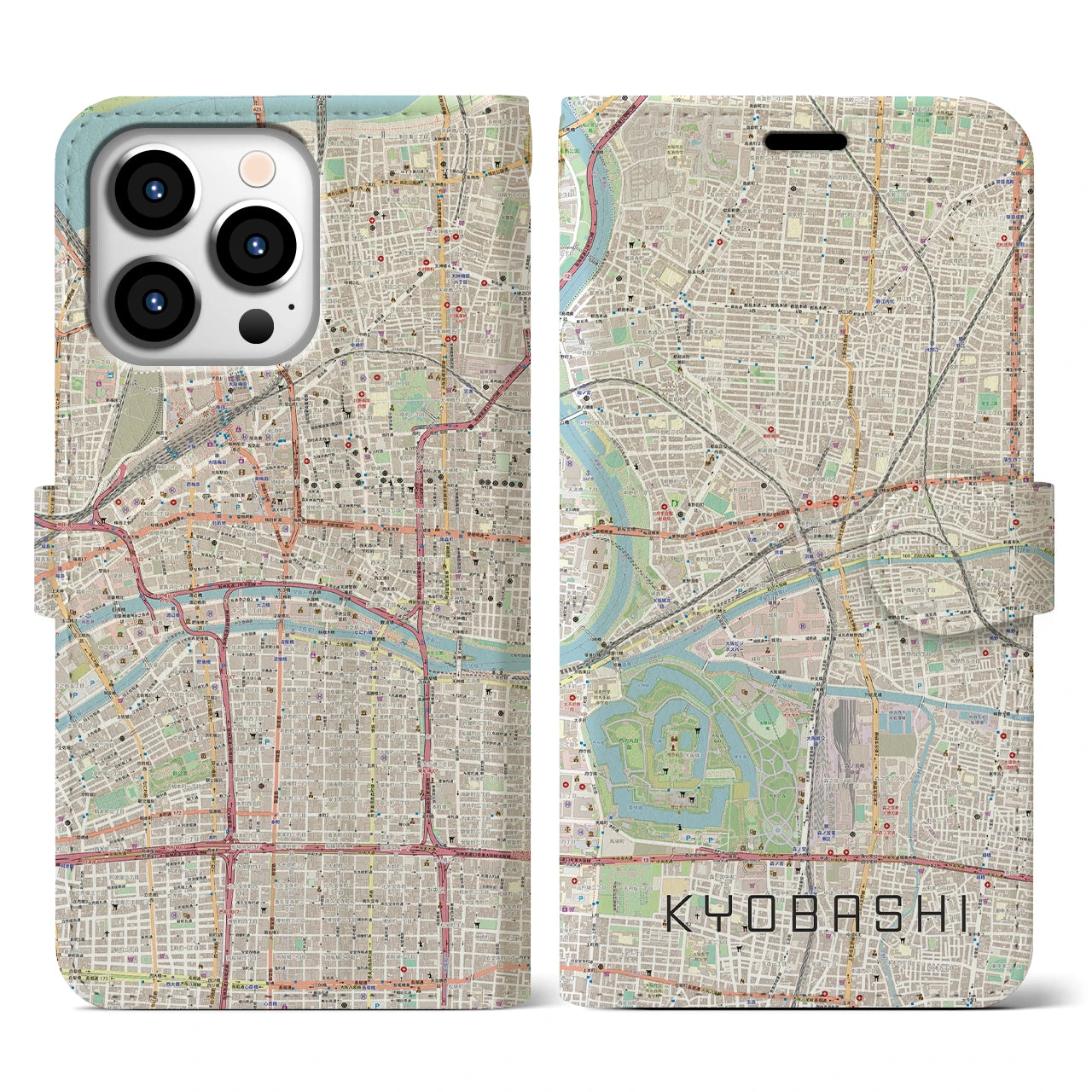 【京橋(大阪府)】地図柄iPhoneケース(手帳タイプ)ナチュラル・iPhone 13 Pro 用
