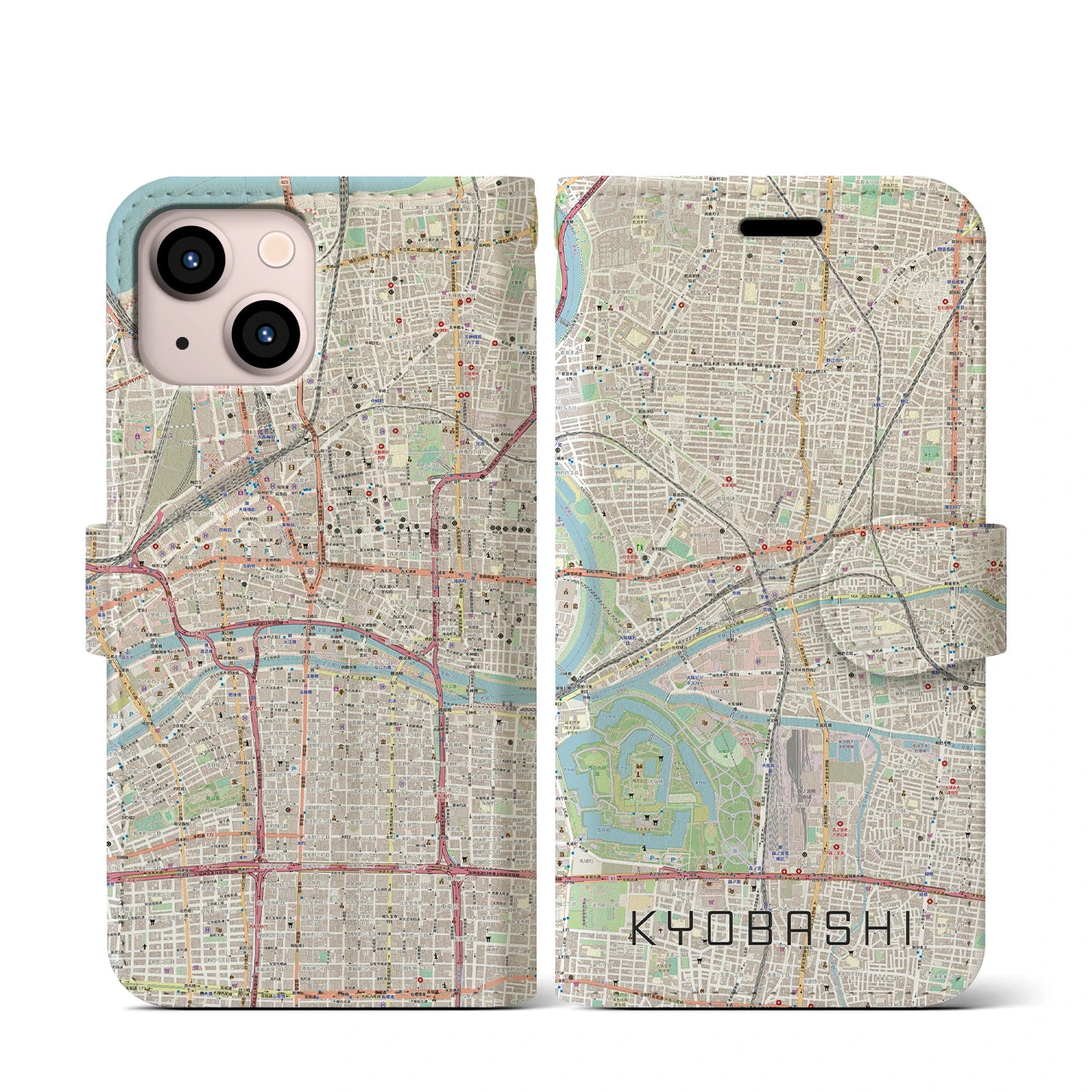 【京橋(大阪府)】地図柄iPhoneケース(手帳タイプ)ナチュラル・iPhone 13 mini 用