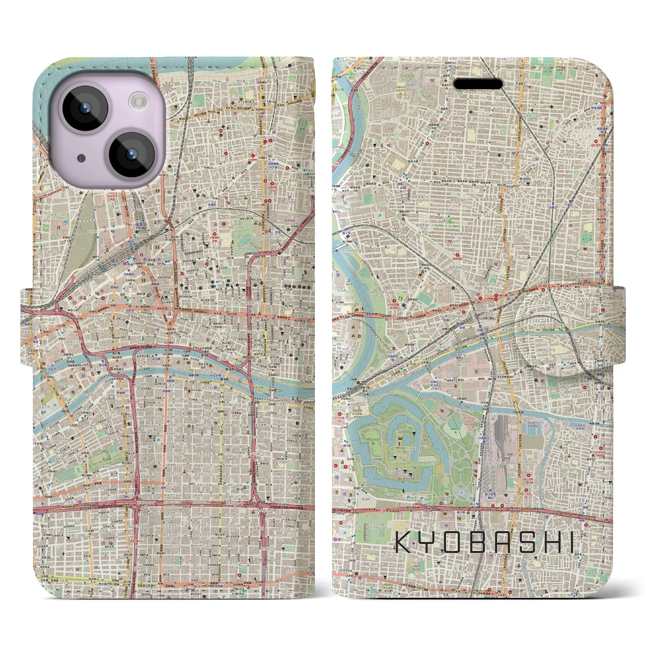 【京橋(大阪府)】地図柄iPhoneケース(手帳タイプ)ナチュラル・iPhone 14 用