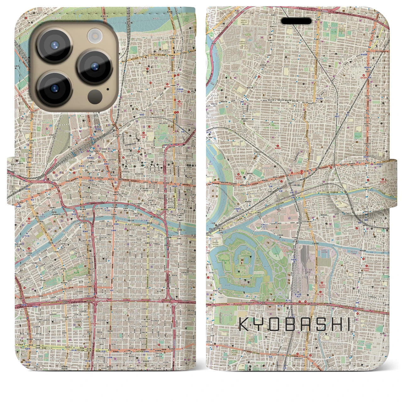 【京橋(大阪府)】地図柄iPhoneケース(手帳タイプ)ナチュラル・iPhone 14 Pro Max 用
