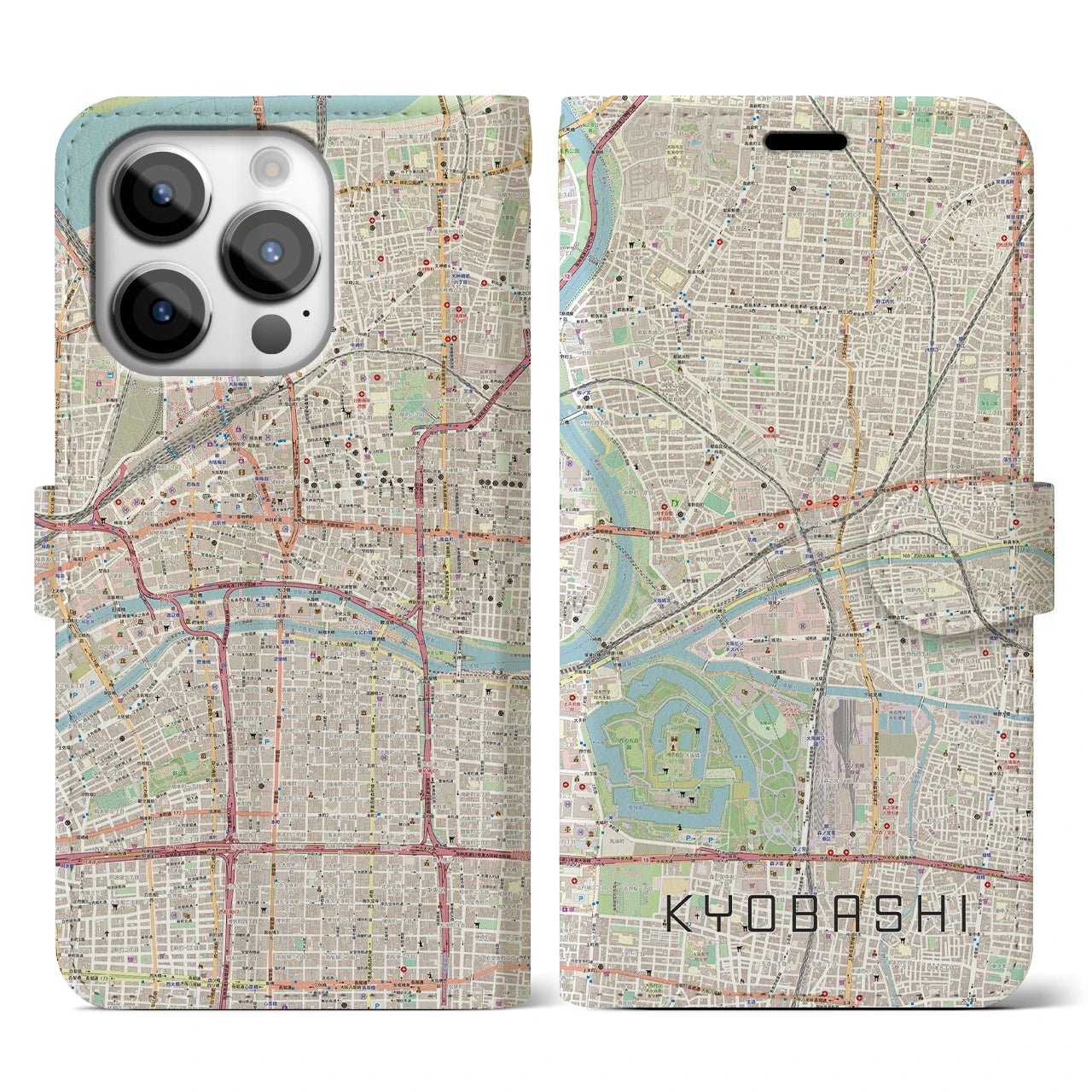 【京橋(大阪府)】地図柄iPhoneケース(手帳タイプ)ナチュラル・iPhone 14 Pro 用