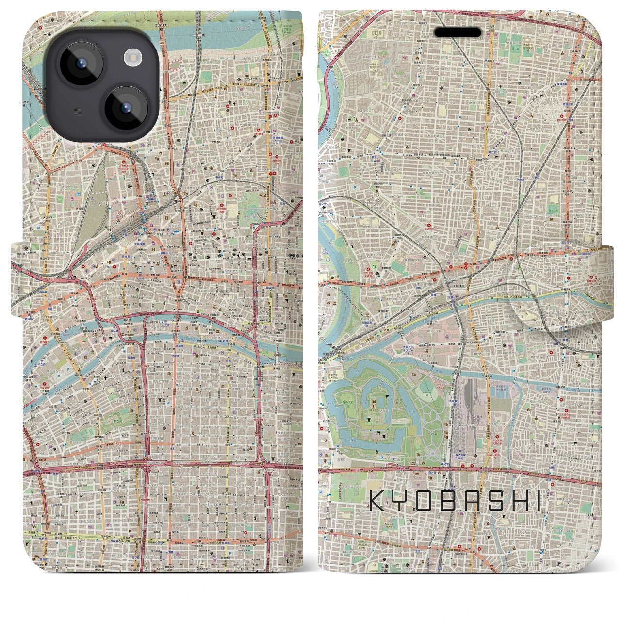 【京橋(大阪府)】地図柄iPhoneケース(手帳タイプ)ナチュラル・iPhone 14 Plus 用