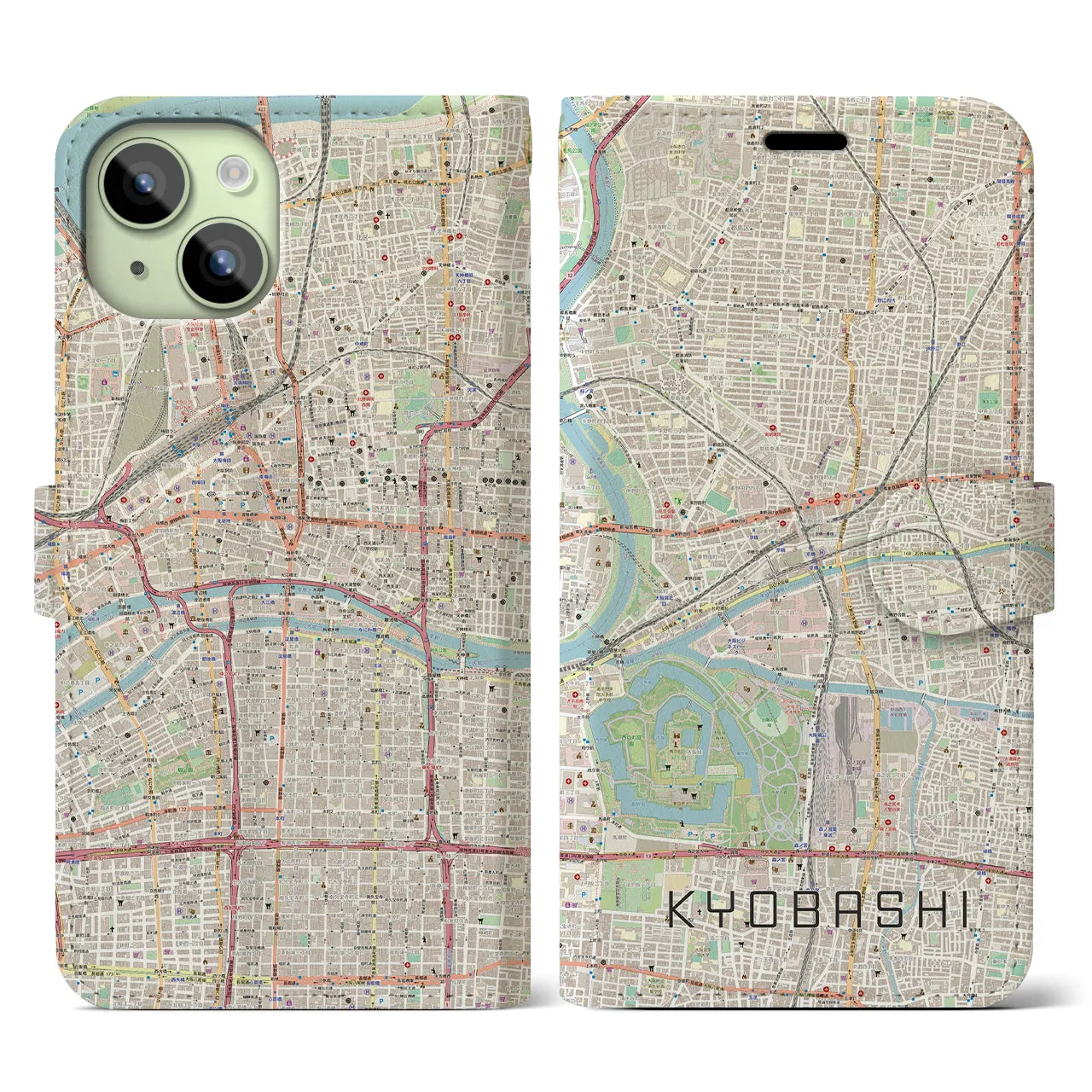 【京橋(大阪府)】地図柄iPhoneケース(手帳タイプ)ナチュラル・iPhone 15 用
