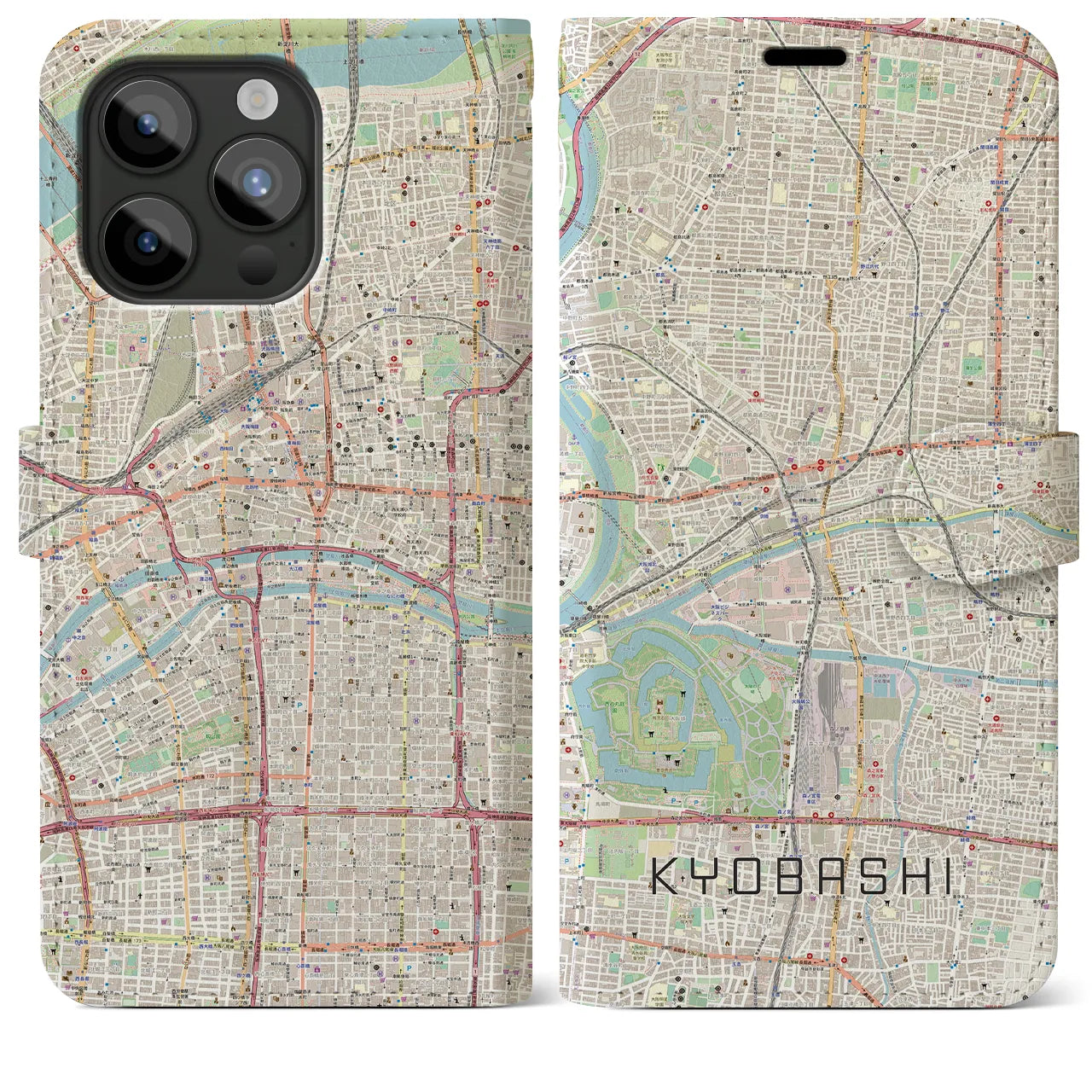 【京橋(大阪府)】地図柄iPhoneケース(手帳タイプ)ナチュラル・iPhone 15 Pro Max 用