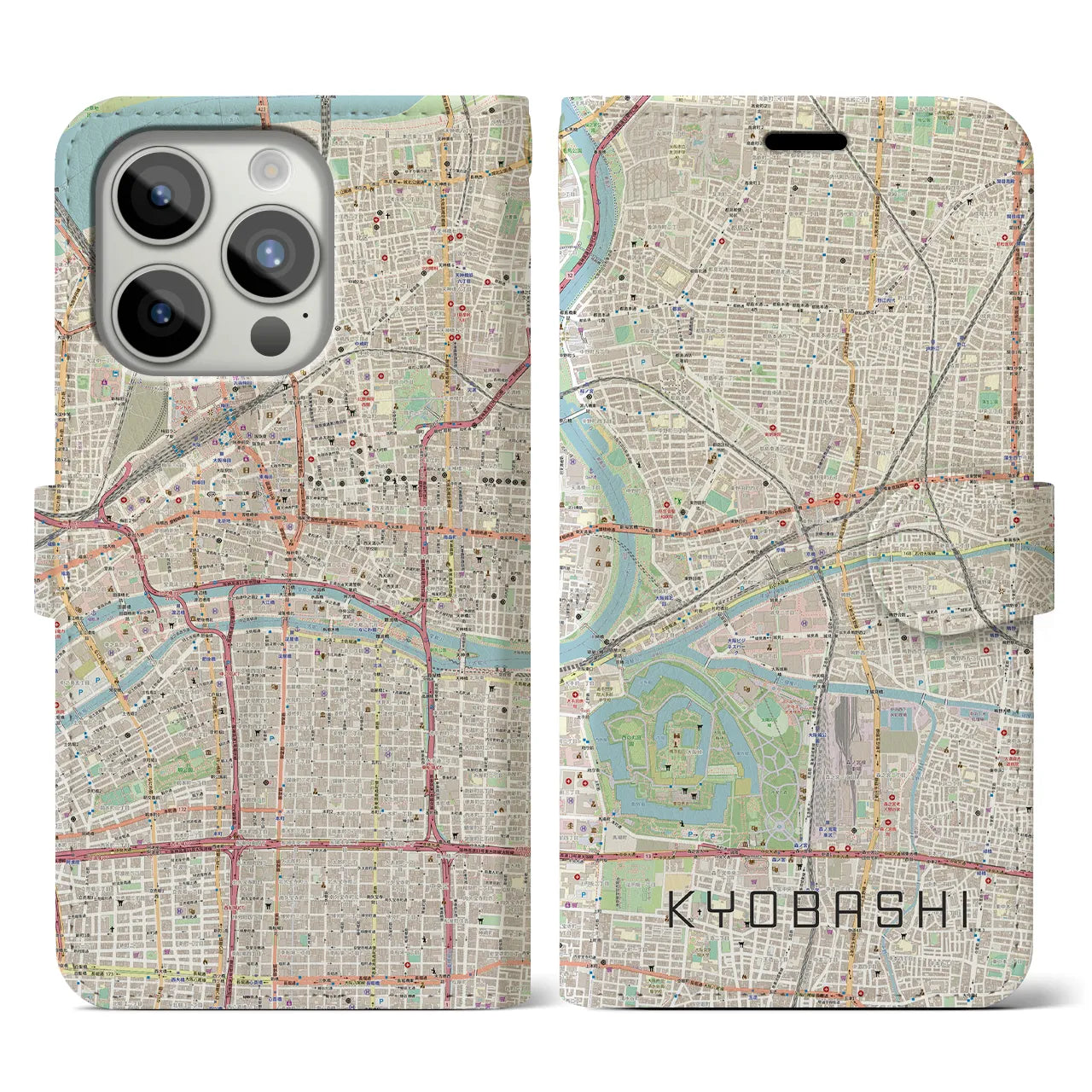 【京橋(大阪府)】地図柄iPhoneケース(手帳タイプ)ナチュラル・iPhone 15 Pro 用