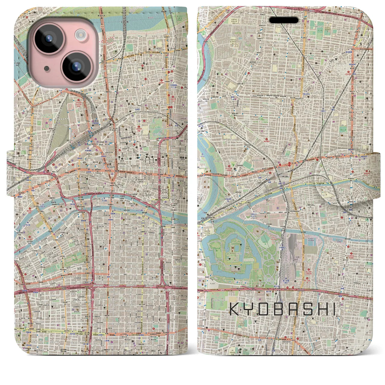 【京橋(大阪府)】地図柄iPhoneケース(手帳タイプ)ナチュラル・iPhone 15 Plus 用