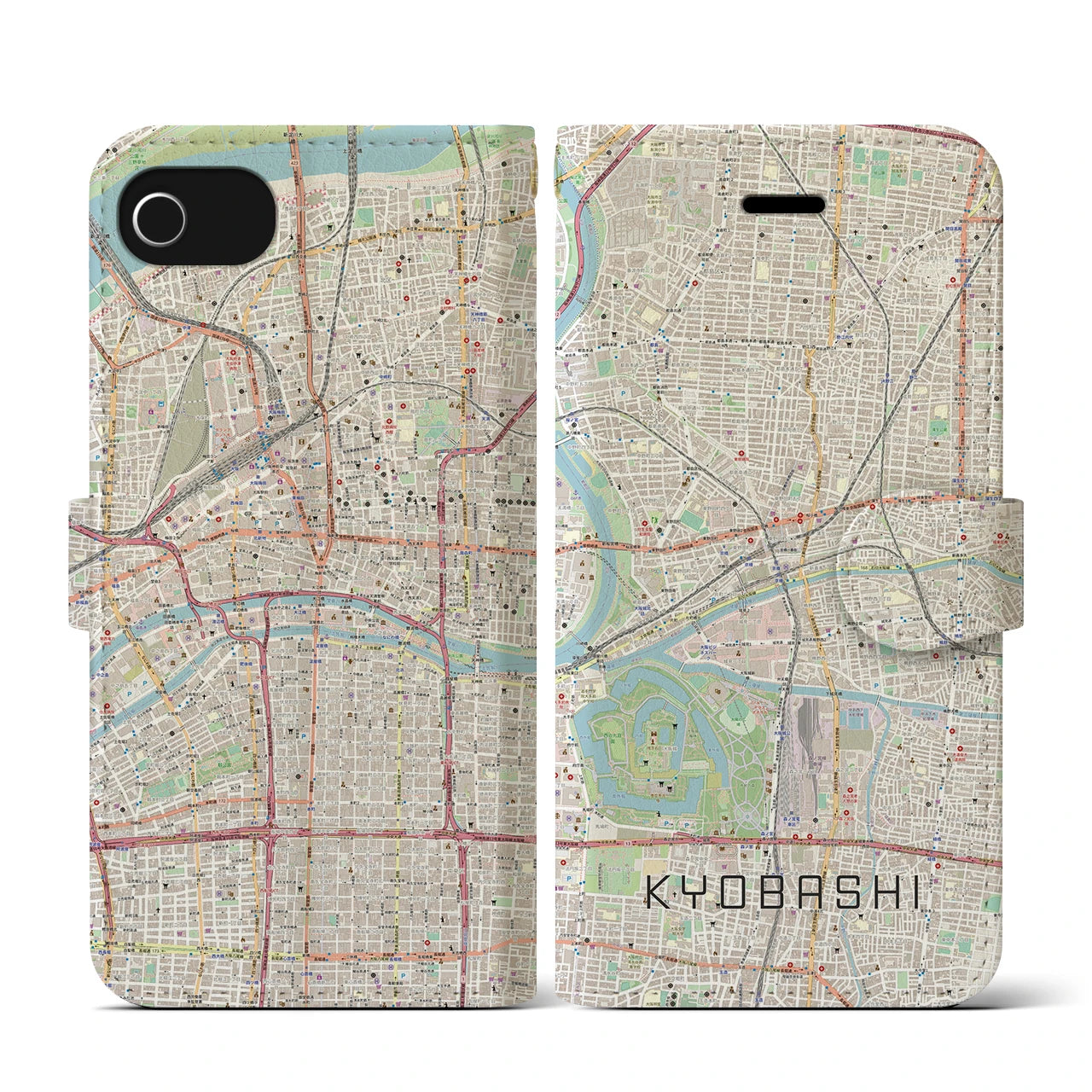 【京橋(大阪府)】地図柄iPhoneケース(手帳タイプ)ナチュラル・iPhone SE(第3 / 第2世代) / 8 / 7 / 6s / 6 用