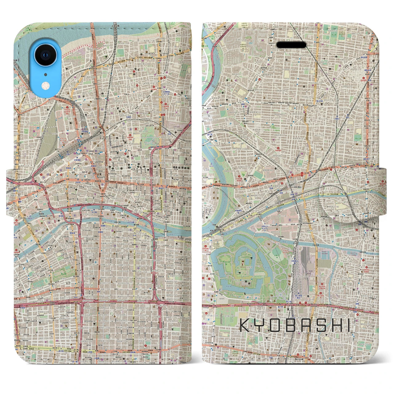 【京橋(大阪府)】地図柄iPhoneケース(手帳タイプ)ナチュラル・iPhone XR 用