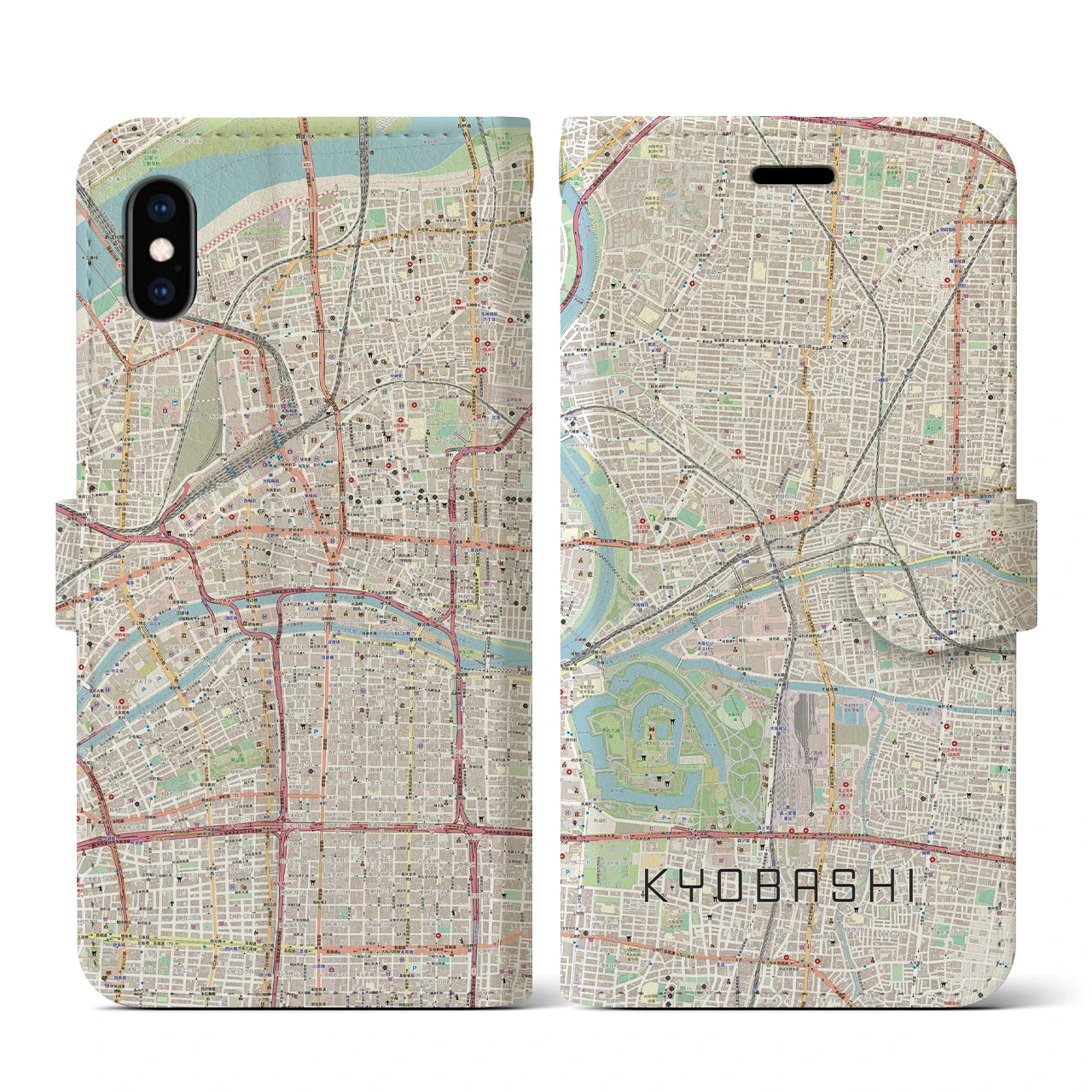 【京橋(大阪府)】地図柄iPhoneケース(手帳タイプ)ナチュラル・iPhone XS / X 用